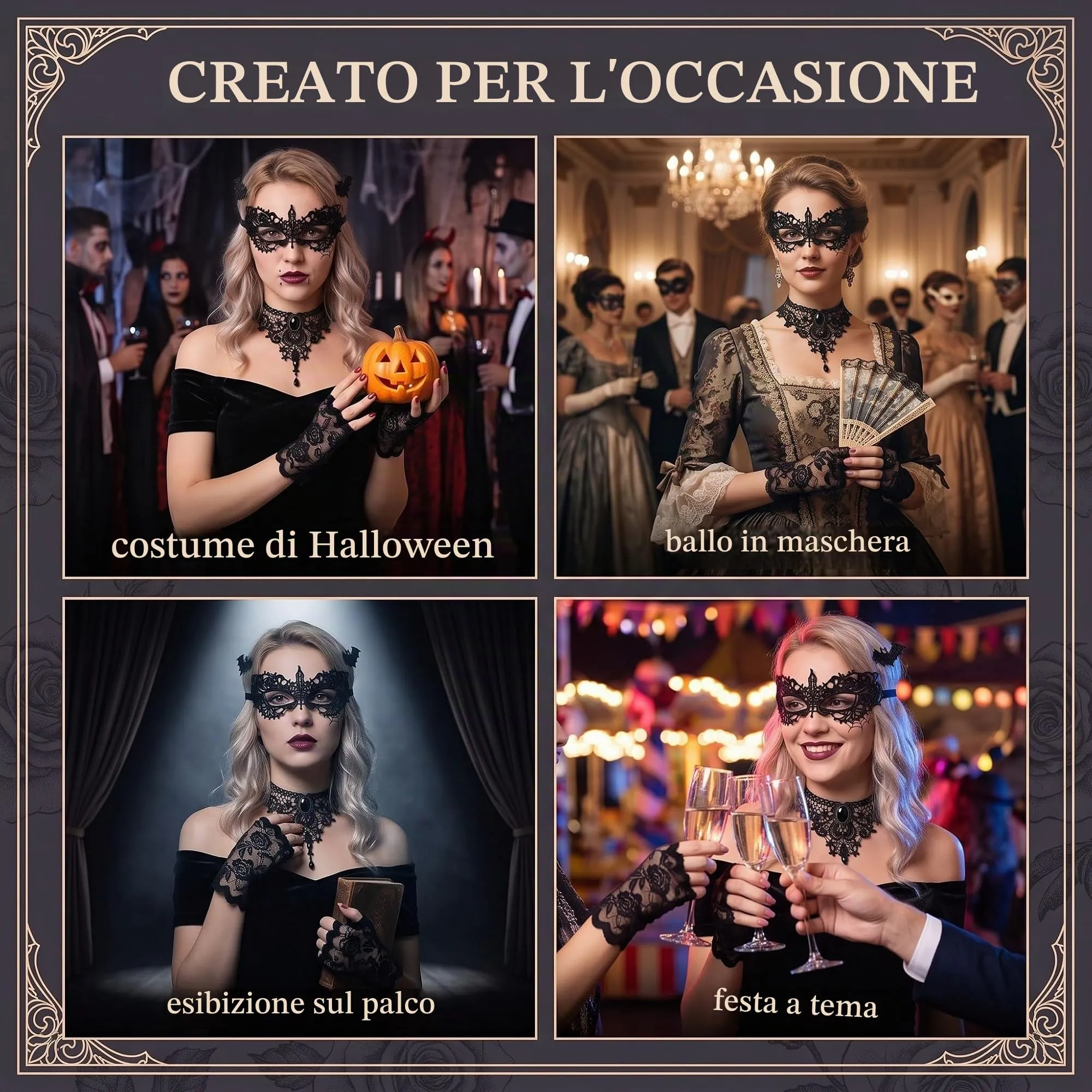 IMLDUY Set Gotico Donna 3 Pezzi con Choker Nero in Pizzo, Maschera Occhi e Guanti, Collana Gotica e Accessori per Travestimento Halloween, Cosplay, Costume da Vampiro e Feste a Tema - immagine 6