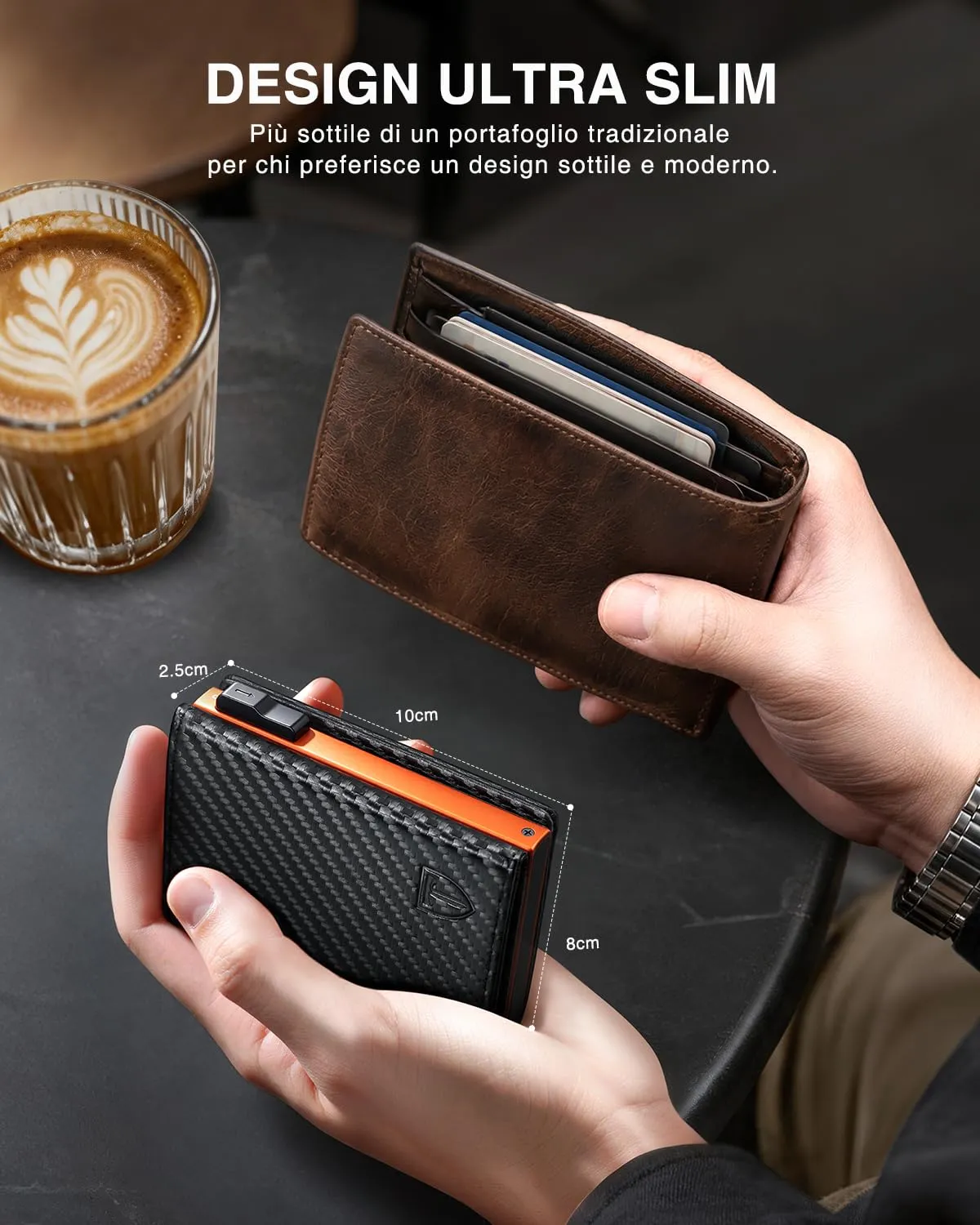 Tomylv Portafoglio Uomo Alte Qualità- Magnetico con RFID - Nero Arancione - immagine 3