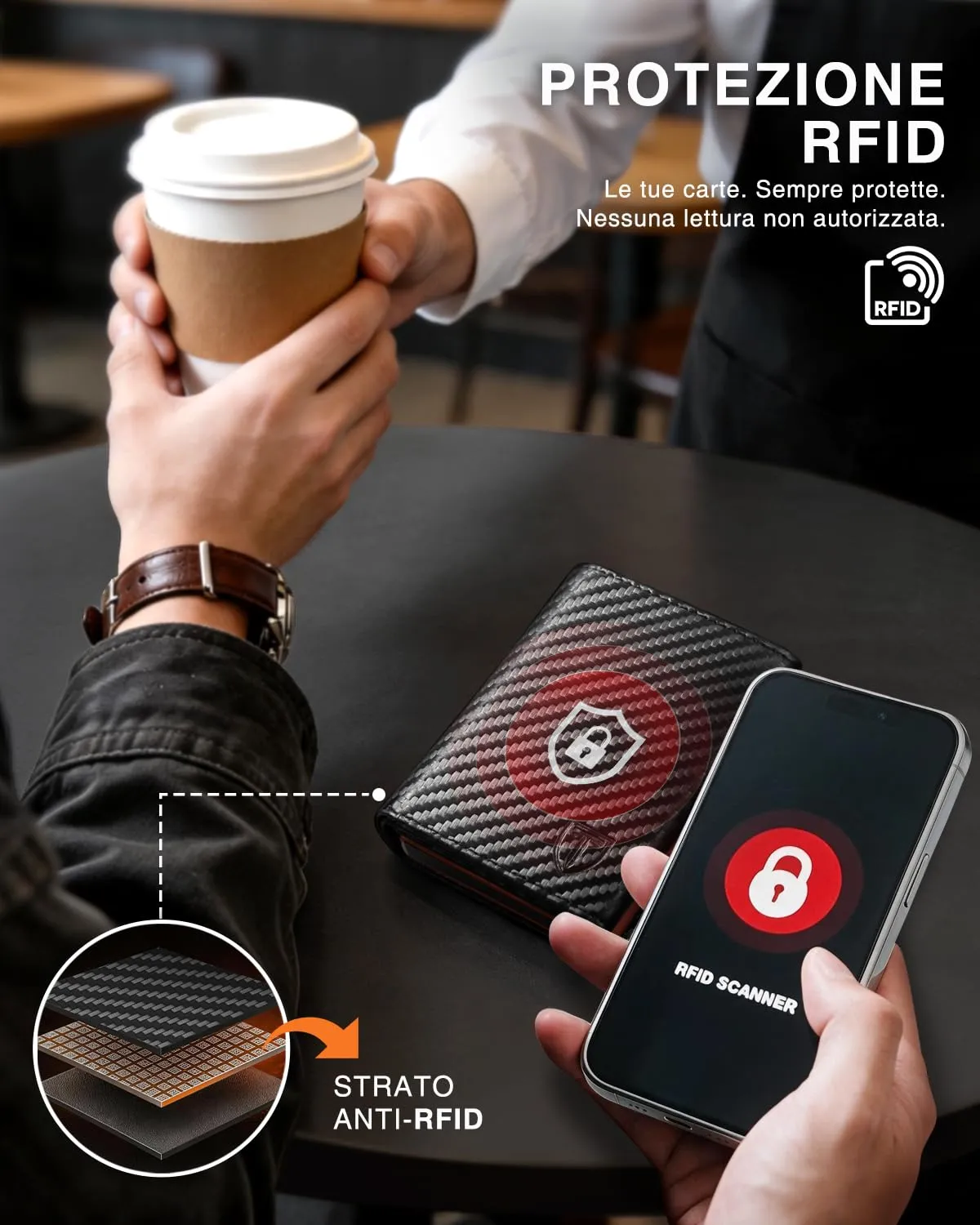 Tomylv Portafoglio Uomo Alte Qualità- Magnetico con RFID - Nero Arancione - immagine 4