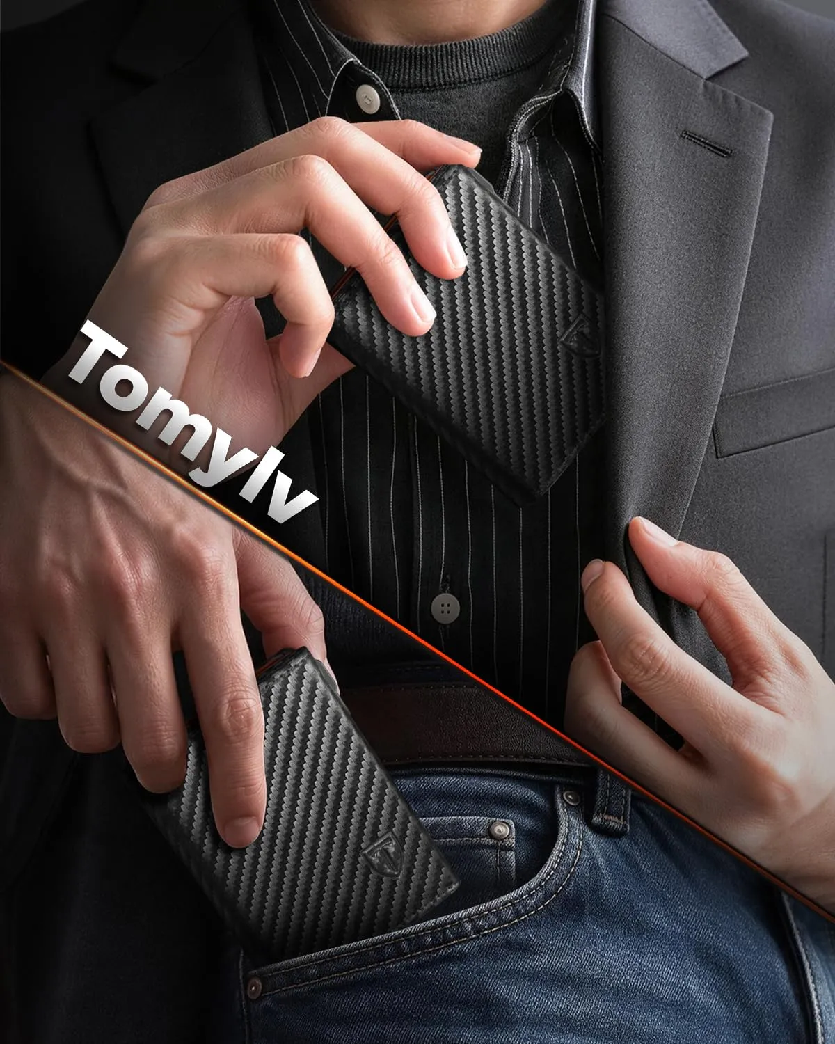 Tomylv Portafoglio Uomo Alte Qualità- Magnetico con RFID - Nero Arancione - immagine 7