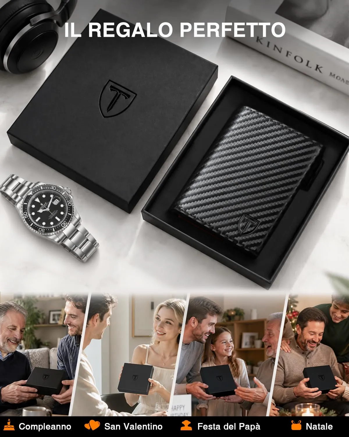 Tomylv Portafoglio Uomo Alte Qualità- Magnetico con RFID - Nero Arancione - immagine 8