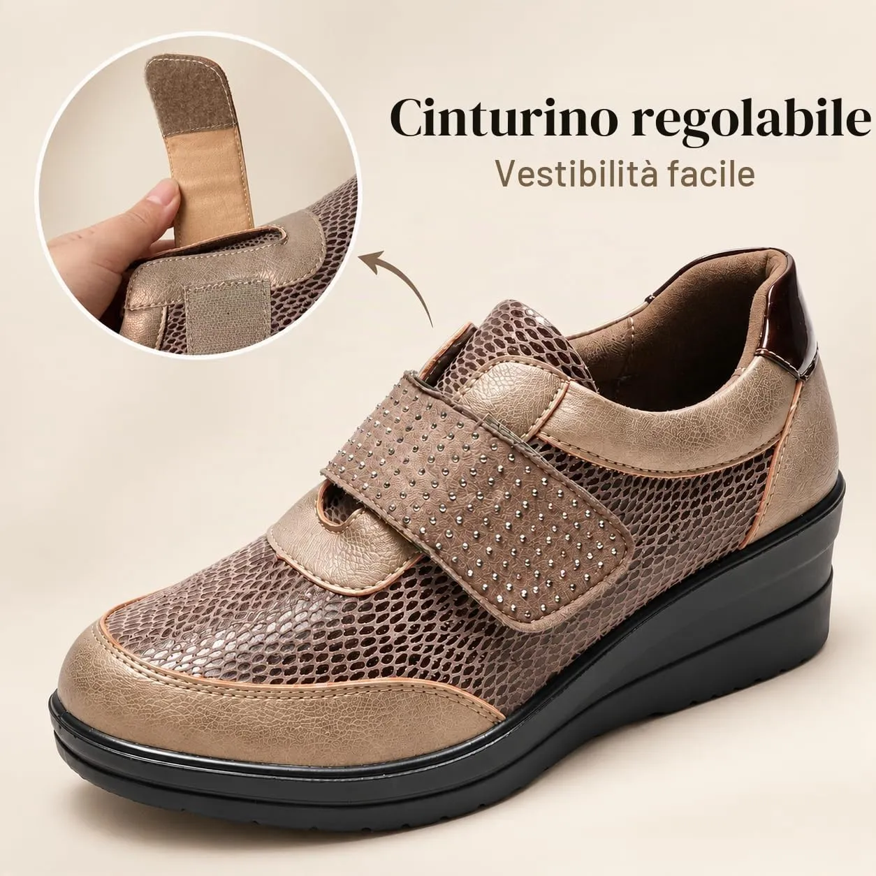 CLEIKS Scarpe Senza Lacci Donna Loafer Mocassini Slip On Zeppa Decorate con Strass Antiscivolo (Cachi, 41 EU, CWCL265158-8) - immagine 4