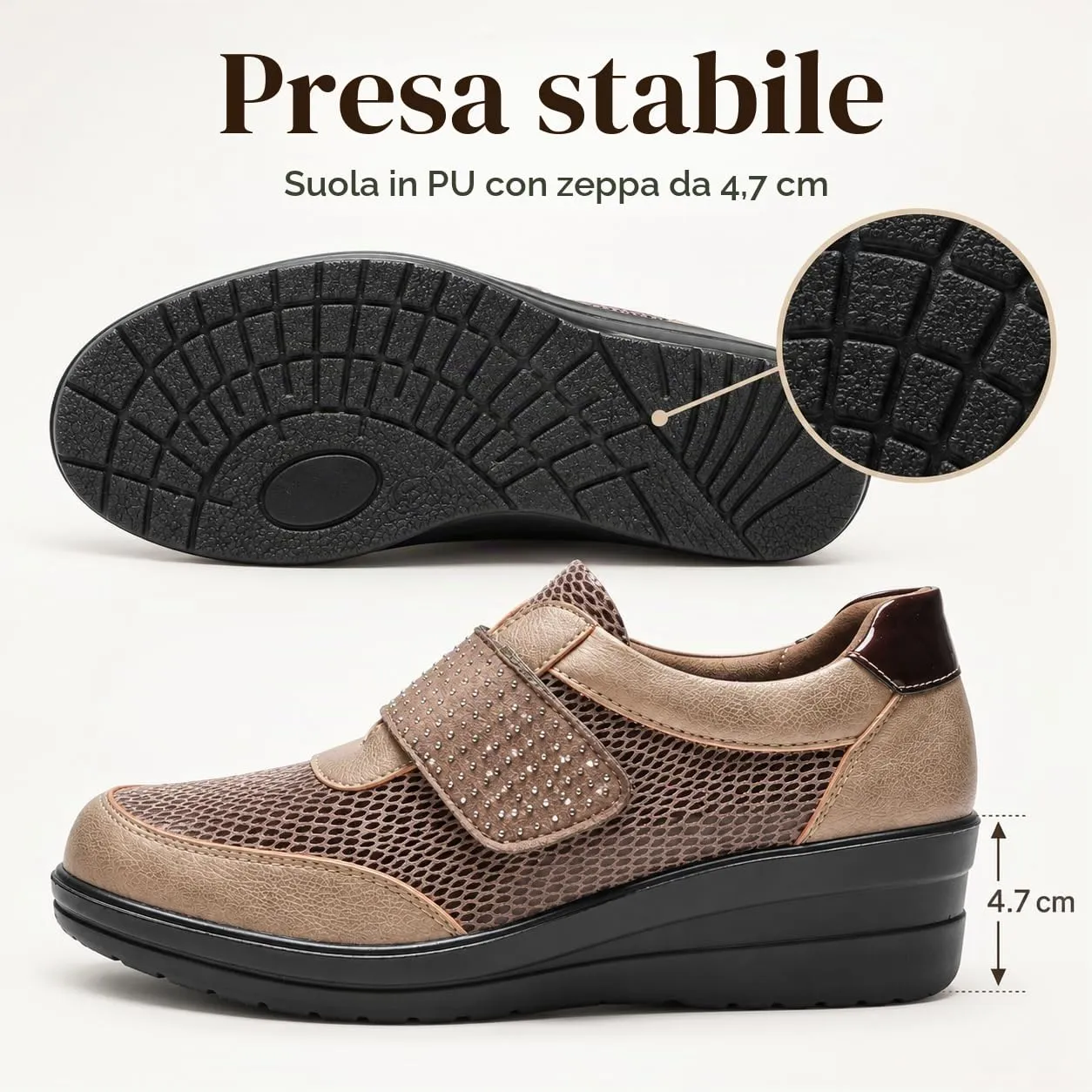 CLEIKS Scarpe Senza Lacci Donna Loafer Mocassini Slip On Zeppa Decorate con Strass Antiscivolo (Cachi, 41 EU, CWCL265158-8) - immagine 5