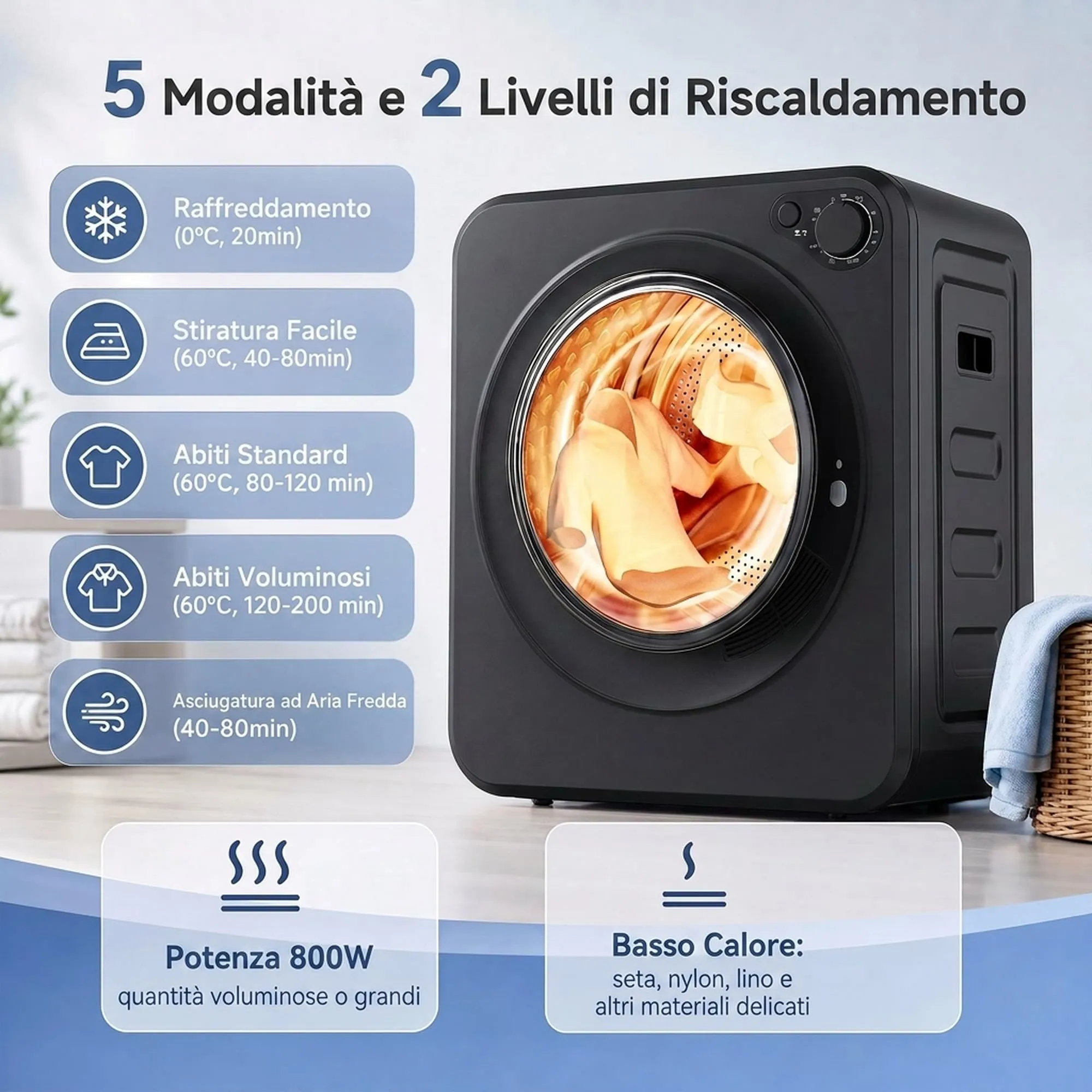 HOMCOM Mini Asciugatrice Portatile 2.5 kg, 5 Programmi, 800/400 W, Nero - immagine 3