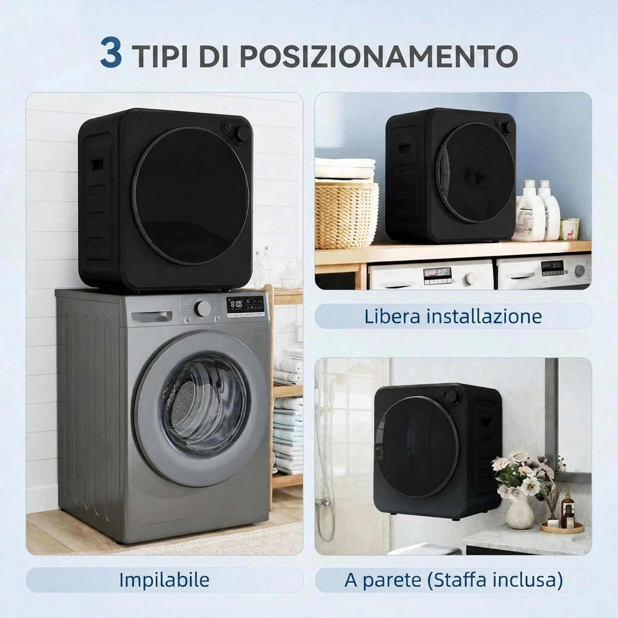 HOMCOM Mini Asciugatrice Portatile 2.5 kg, 5 Programmi, 800/400 W, Nero - immagine 4