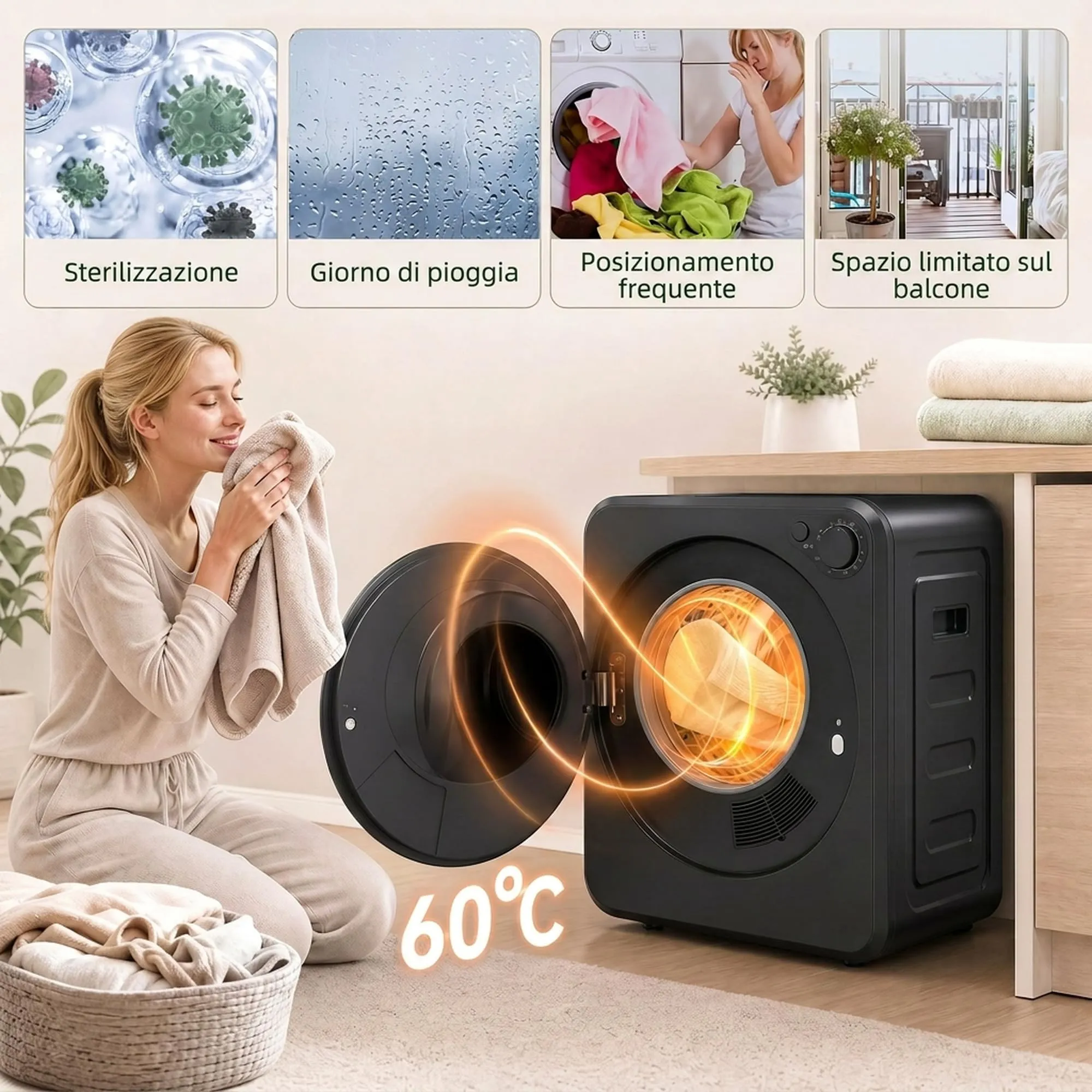HOMCOM Mini Asciugatrice Portatile 2.5 kg, 5 Programmi, 800/400 W, Nero - immagine 5
