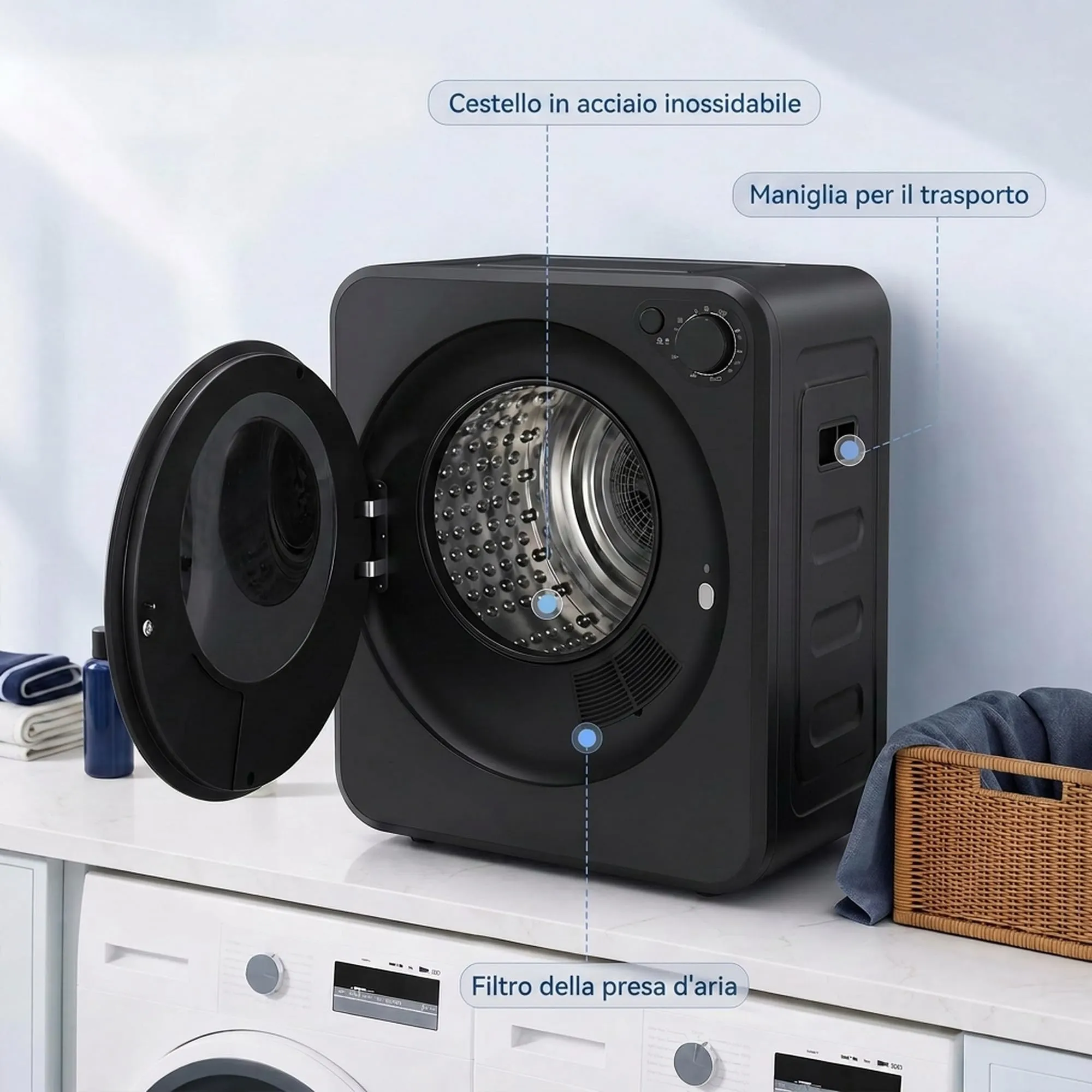 HOMCOM Mini Asciugatrice Portatile 2.5 kg, 5 Programmi, 800/400 W, Nero - immagine 6