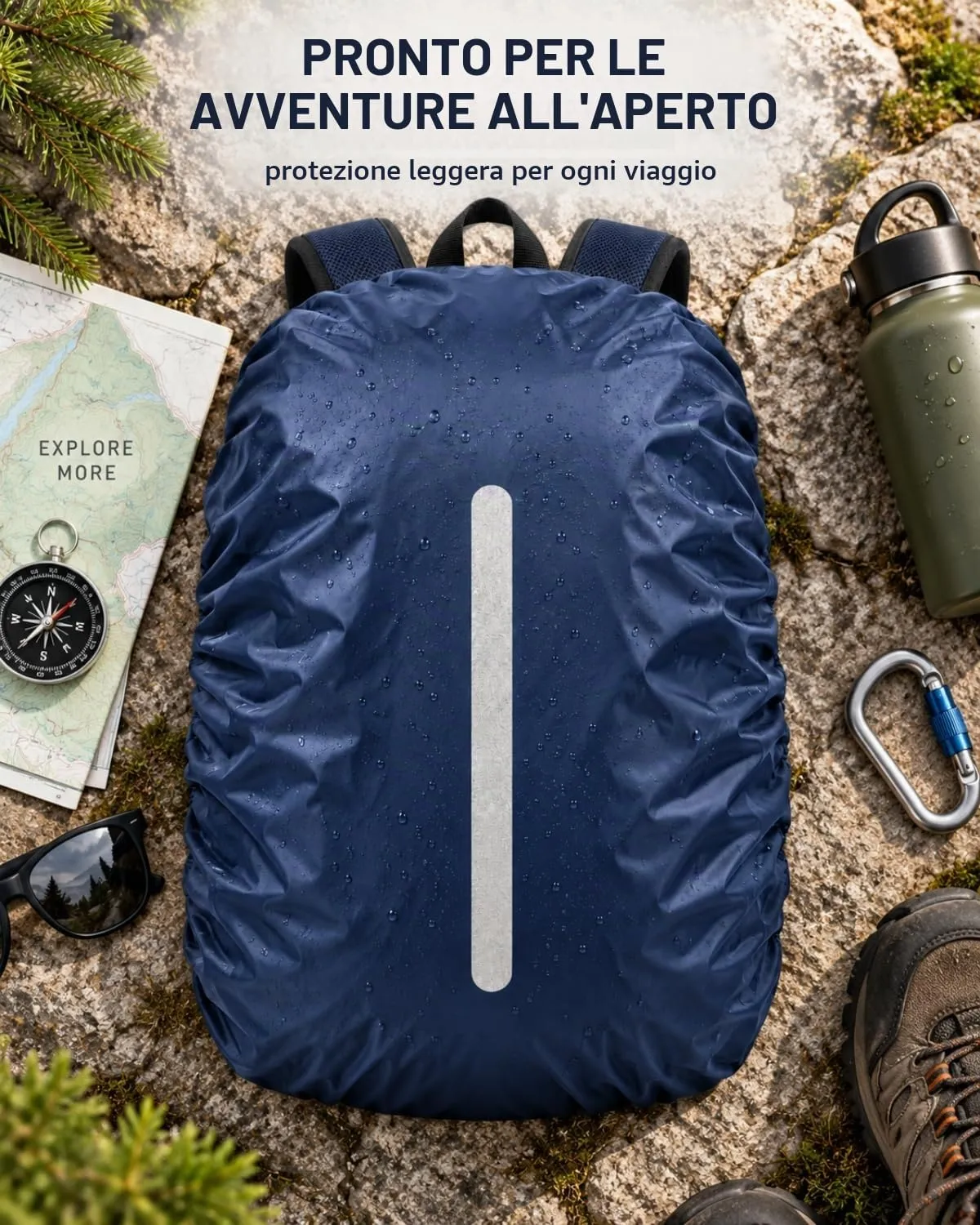 BTACGWP Copri Zaino Antipioggia, Blu Navy, Cover Impermeabile con Strisce Rifrangenti, Chiusura Aderente, Protezione Totale per Scuola, Sport e Percorsi Urbani - immagine 2
