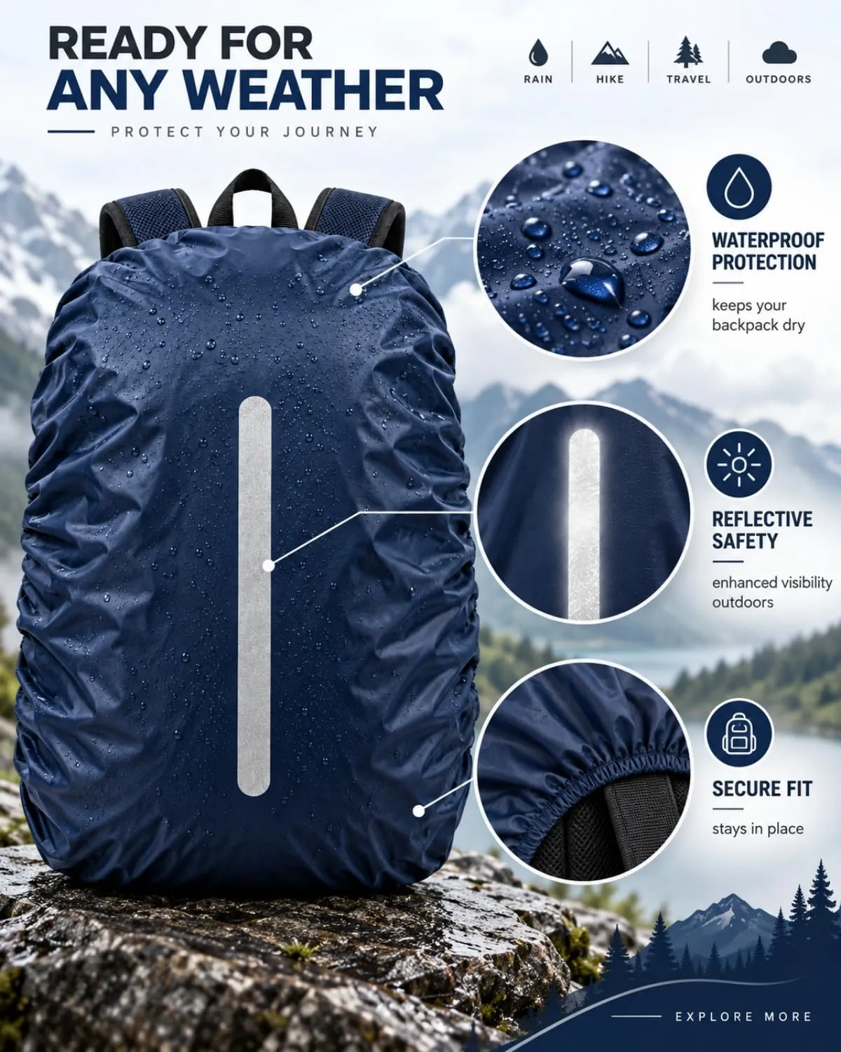 BTACGWP Copri Zaino Antipioggia, Blu Navy, Cover Impermeabile con Strisce Rifrangenti, Chiusura Aderente, Protezione Totale per Scuola, Sport e Percorsi Urbani - immagine 3