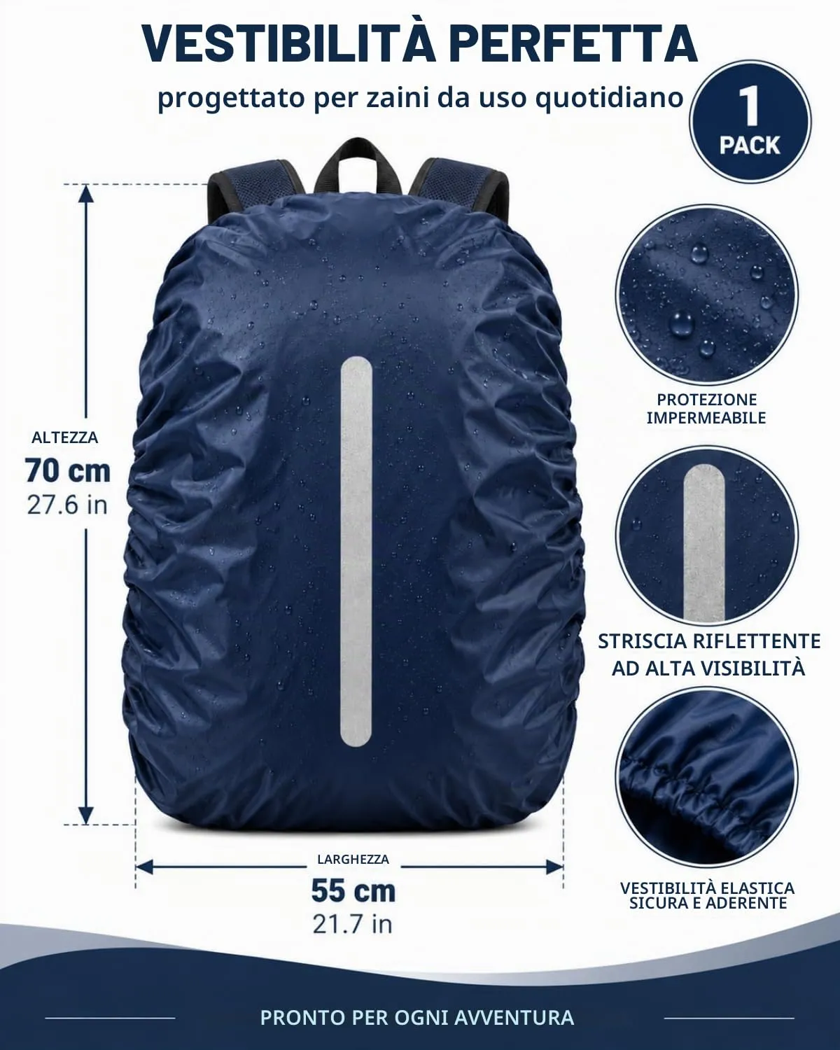 BTACGWP Copri Zaino Antipioggia, Blu Navy, Cover Impermeabile con Strisce Rifrangenti, Chiusura Aderente, Protezione Totale per Scuola, Sport e Percorsi Urbani - immagine 5