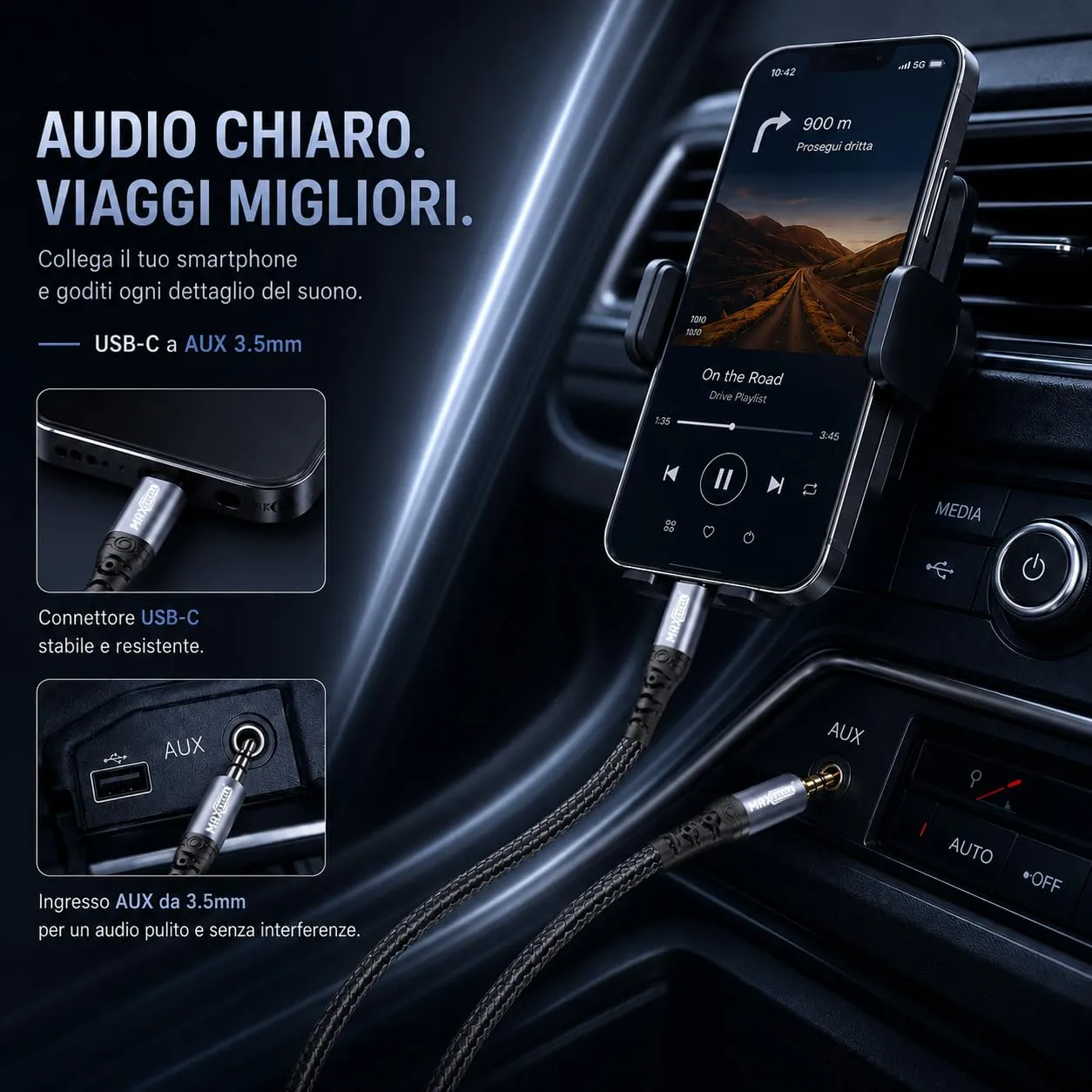Cavo USB C a Jack 3.5mm AUX con Chip DAC in Nylon Intrecciato, Plug & Play, Type C a AUX 3.5 mm per iPhone 17/16/15, Samsung Galaxy, iPad, Computer, Auto - immagine 3