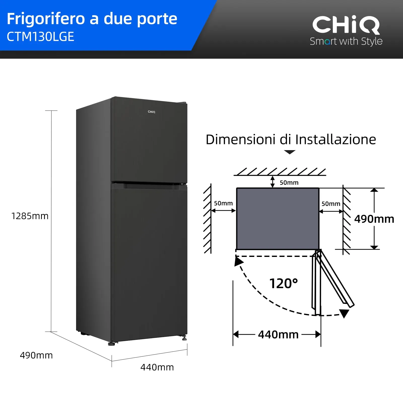 CHiQ 130L Frigorifero Combinato con Freezer Superiore & 44cm Slim Nero - immagine 2