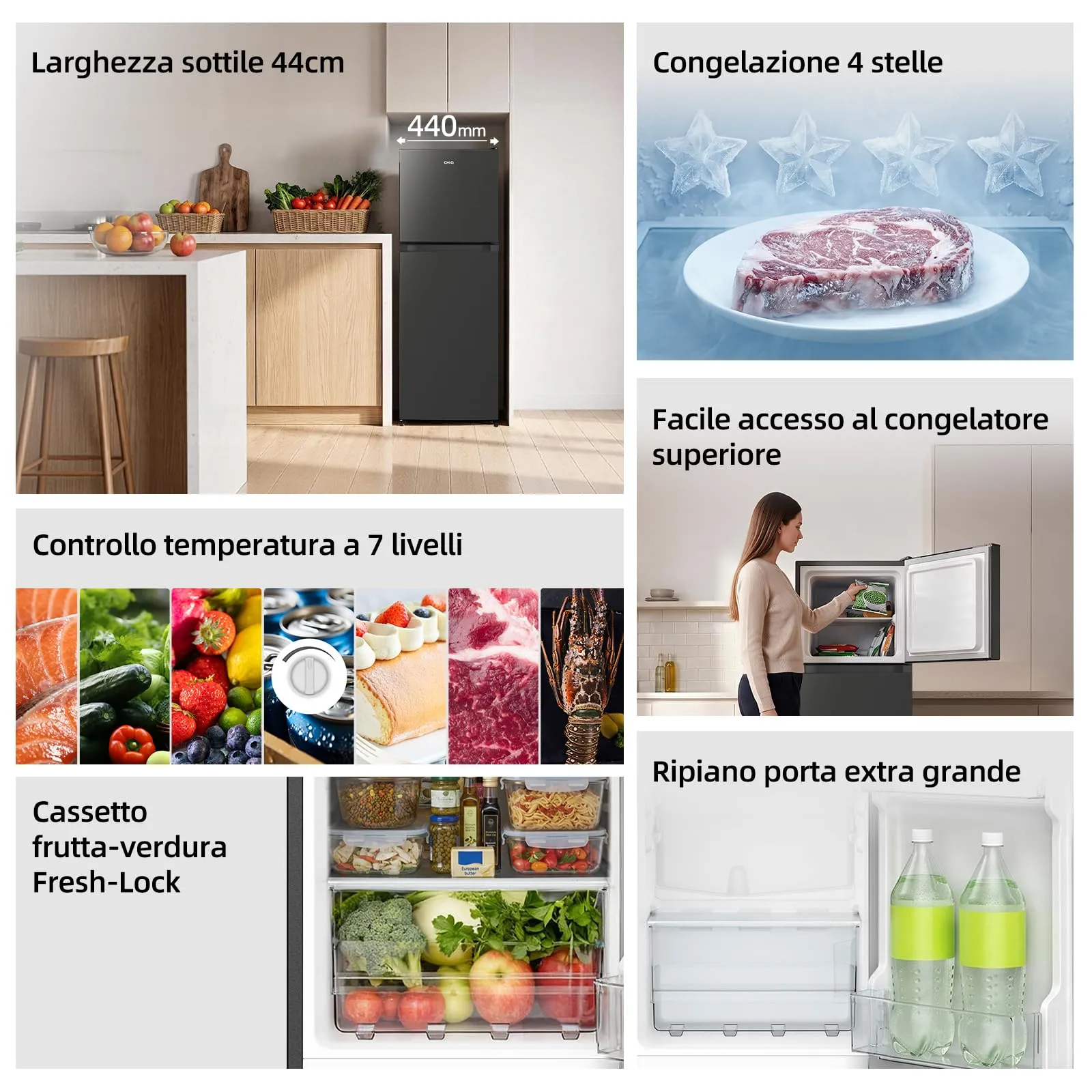 CHiQ 130L Frigorifero Combinato con Freezer Superiore & 44cm Slim Nero - immagine 3