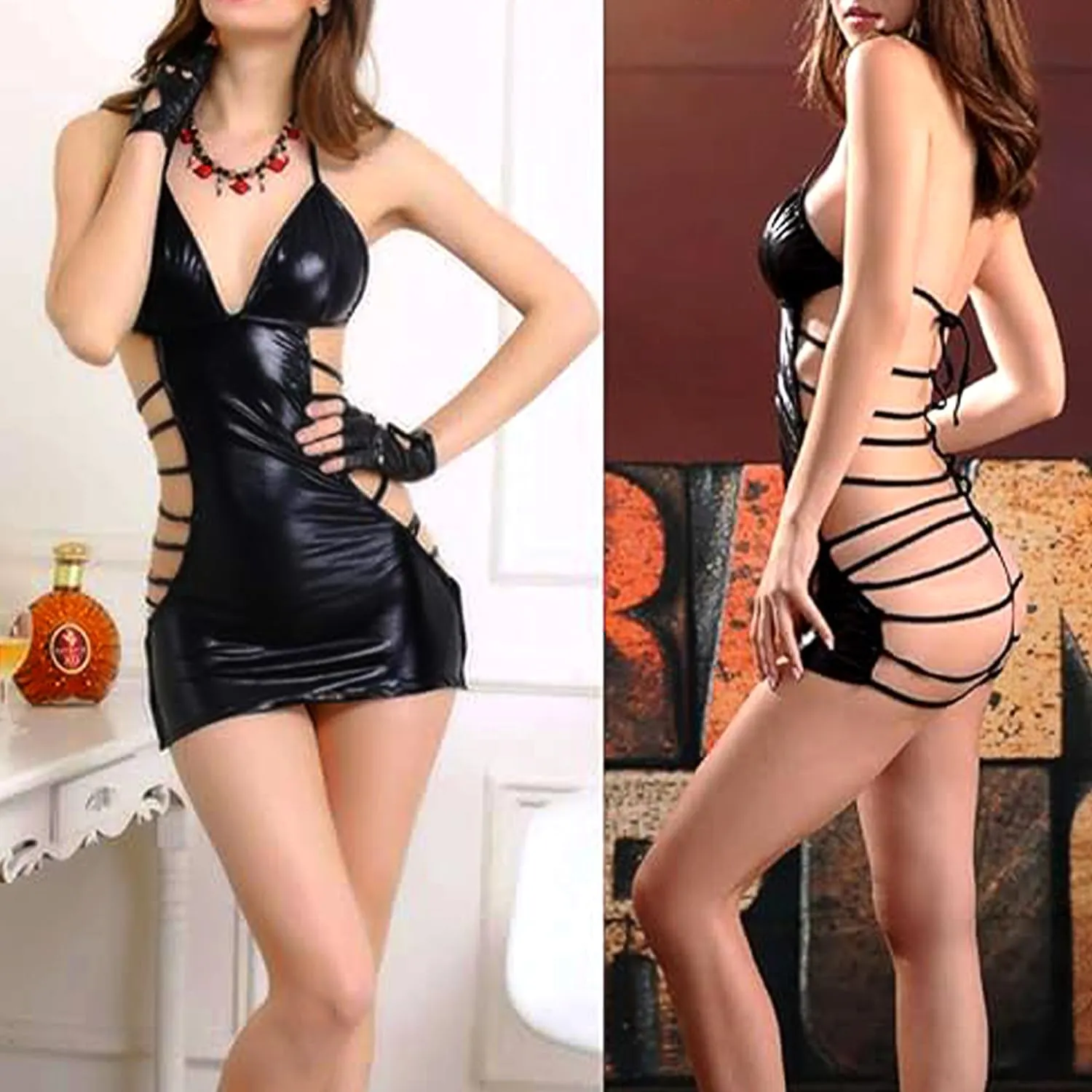 HOTSO Abito aderente in pelle sintetica per donna sexy e brillante, Nero-B - immagine 6