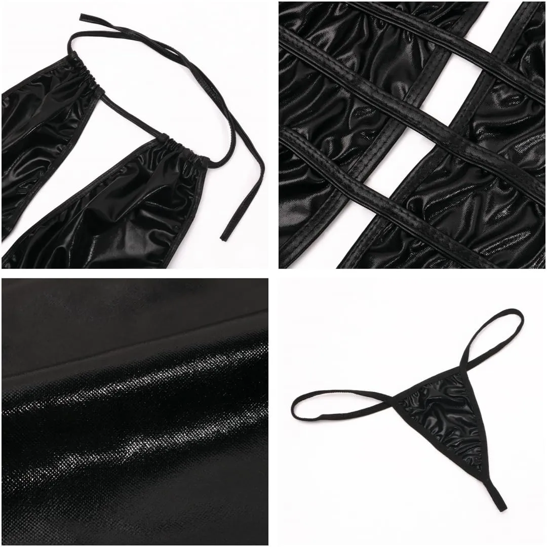 HOTSO Abito aderente in pelle sintetica per donna sexy e brillante, Nero-A - immagine 6