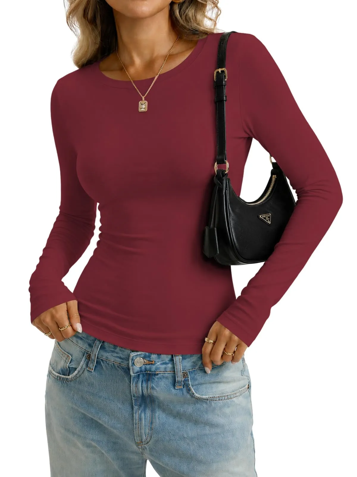 Cuptacc Maglietta a maniche lunghe da donna, girocollo, basic, slim fit, a - immagine 3