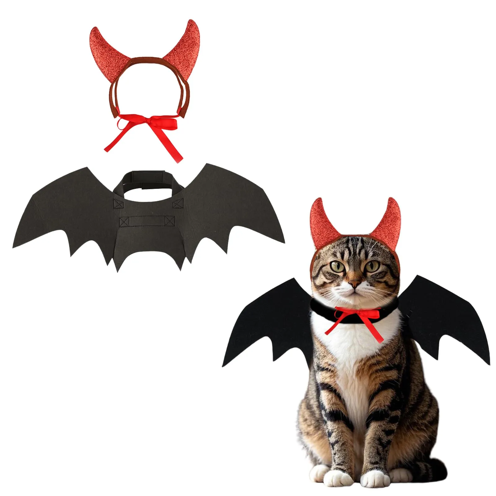 IMLDUY Costume Halloween Gatto e Cane Piccolo 2 Pezzi, Ali da Pipistrello e Corna da Diavolo Rosse, Vestiti per Gatti e Animali Domestici, Travestimento per Cosplay e Feste a Tema - immagine 1