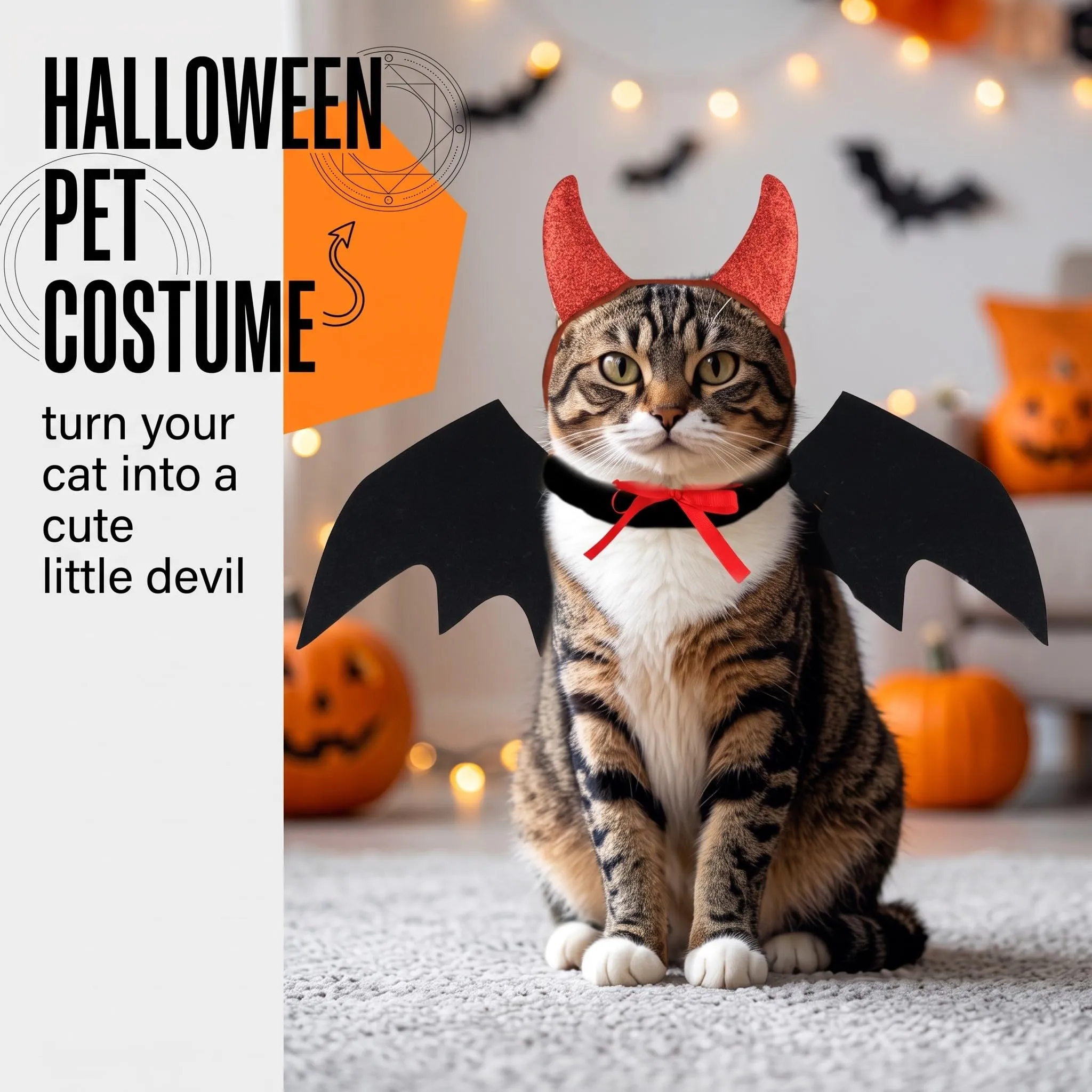 IMLDUY Costume Halloween Gatto e Cane Piccolo 2 Pezzi, Ali da Pipistrello e Corna da Diavolo Rosse, Vestiti per Gatti e Animali Domestici, Travestimento per Cosplay e Feste a Tema - immagine 2