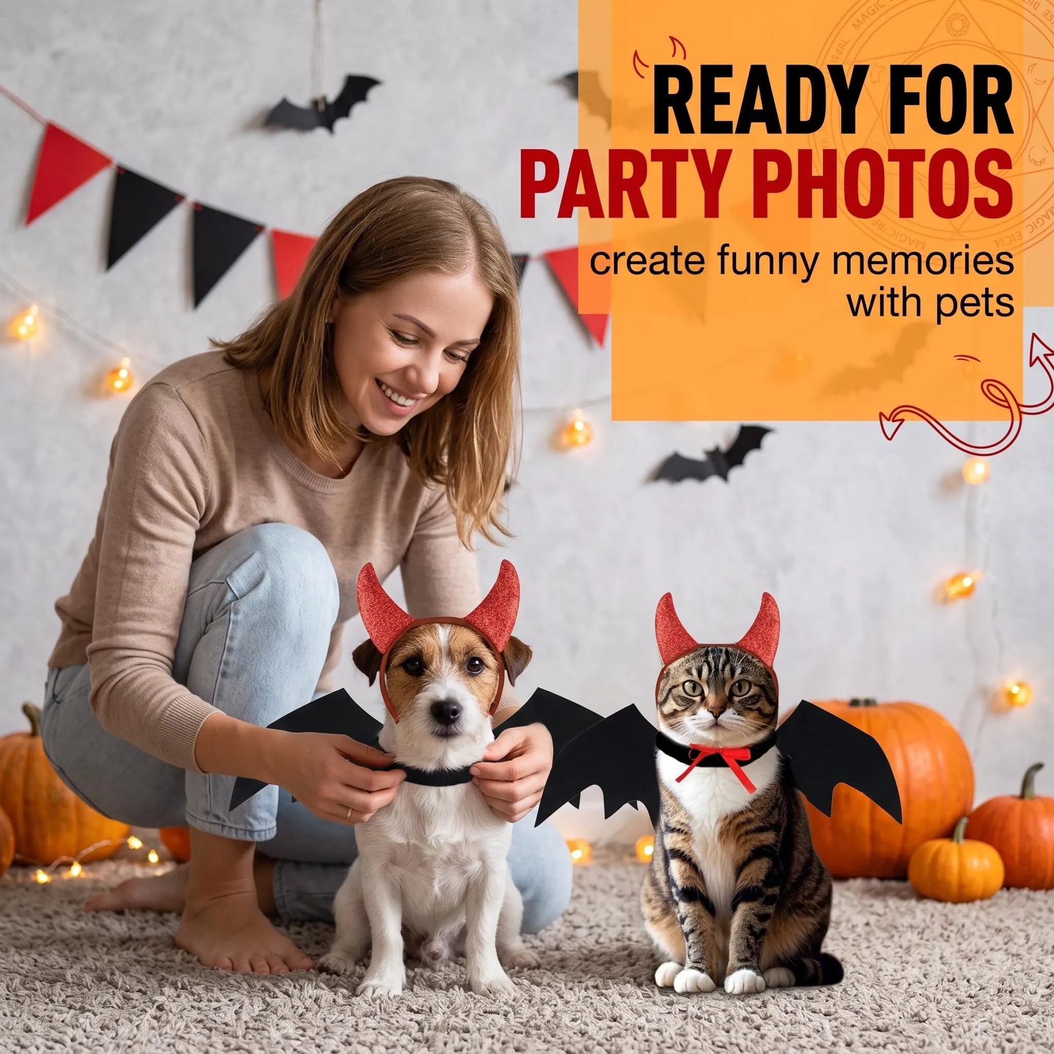 IMLDUY Costume Halloween Gatto e Cane Piccolo 2 Pezzi, Ali da Pipistrello e Corna da Diavolo Rosse, Vestiti per Gatti e Animali Domestici, Travestimento per Cosplay e Feste a Tema - immagine 4