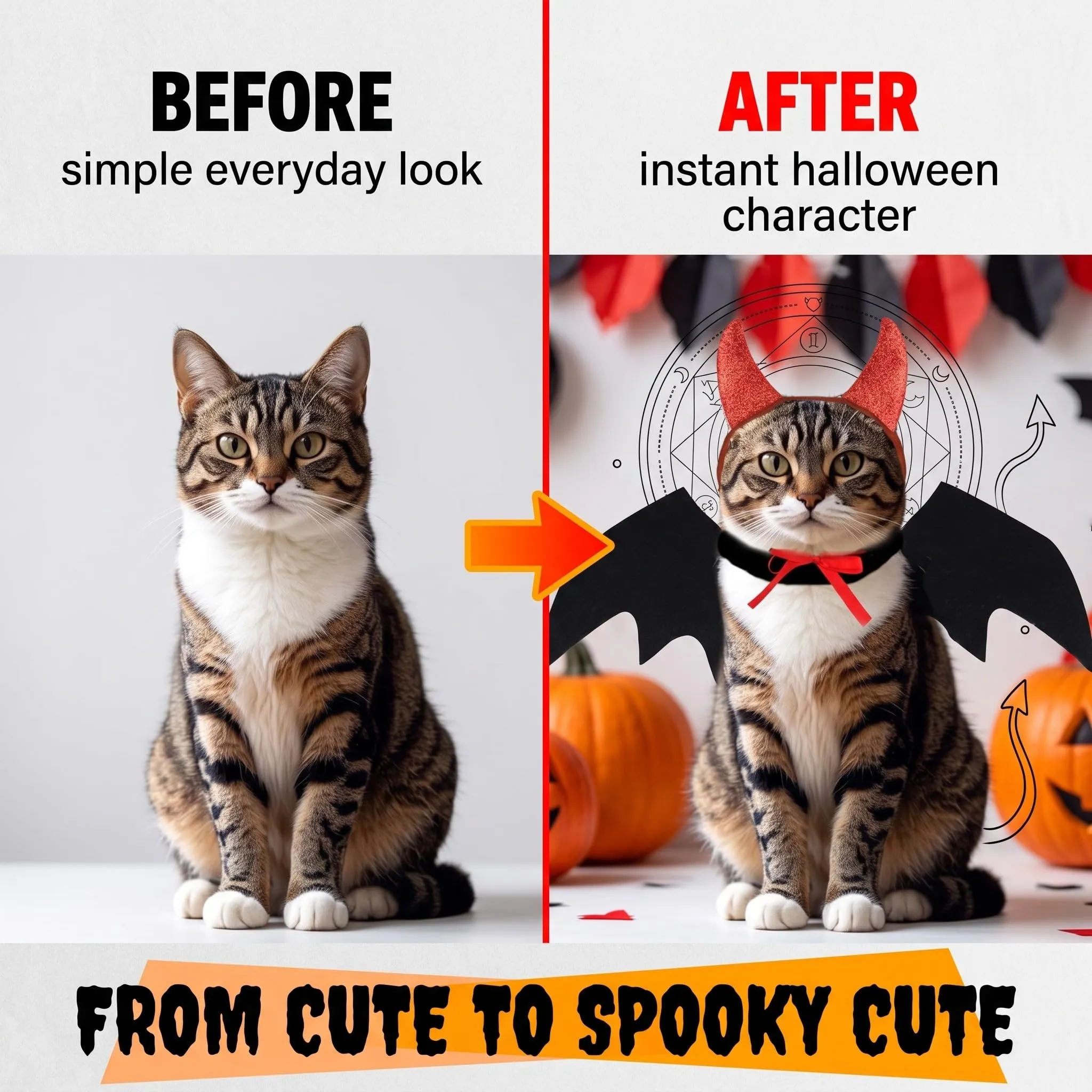 IMLDUY Costume Halloween Gatto e Cane Piccolo 2 Pezzi, Ali da Pipistrello e Corna da Diavolo Rosse, Vestiti per Gatti e Animali Domestici, Travestimento per Cosplay e Feste a Tema - immagine 6