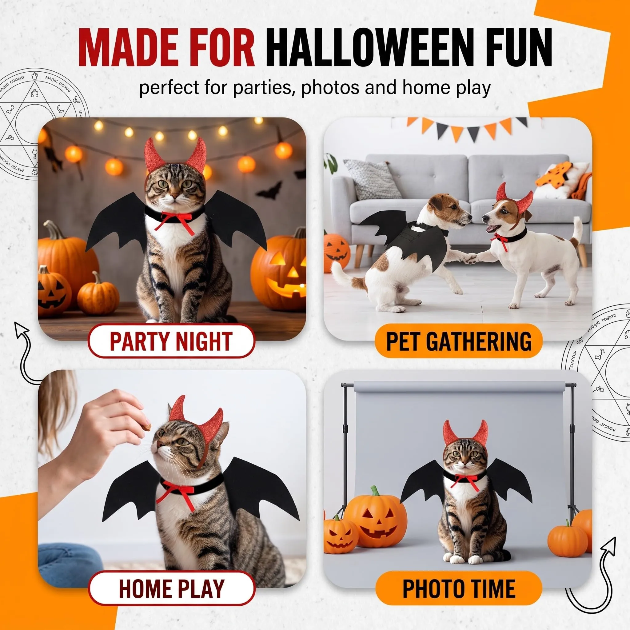 IMLDUY Costume Halloween Gatto e Cane Piccolo 2 Pezzi, Ali da Pipistrello e Corna da Diavolo Rosse, Vestiti per Gatti e Animali Domestici, Travestimento per Cosplay e Feste a Tema - immagine 7