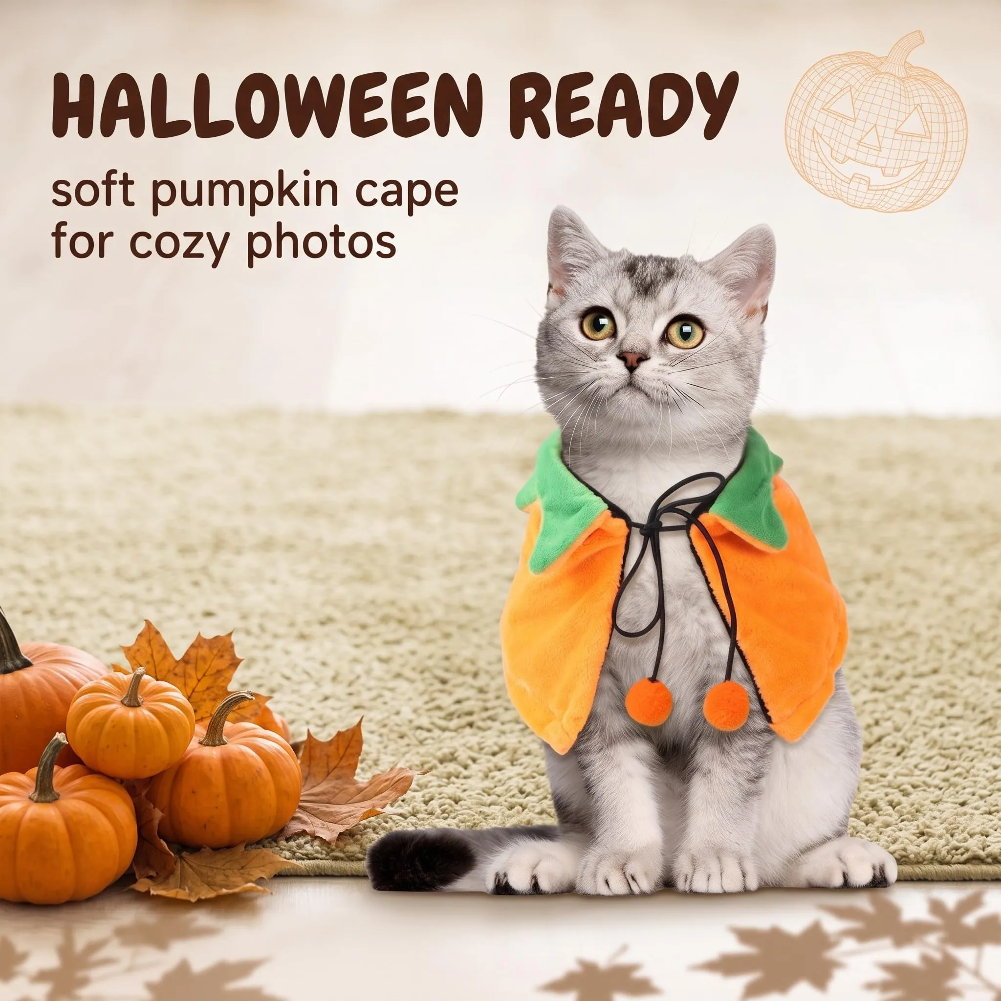 IMLDUY Mantello Zucca di Halloween per cani e gatti piccoli e medi, costume in peluche per feste e servizi fotografici - immagine 5