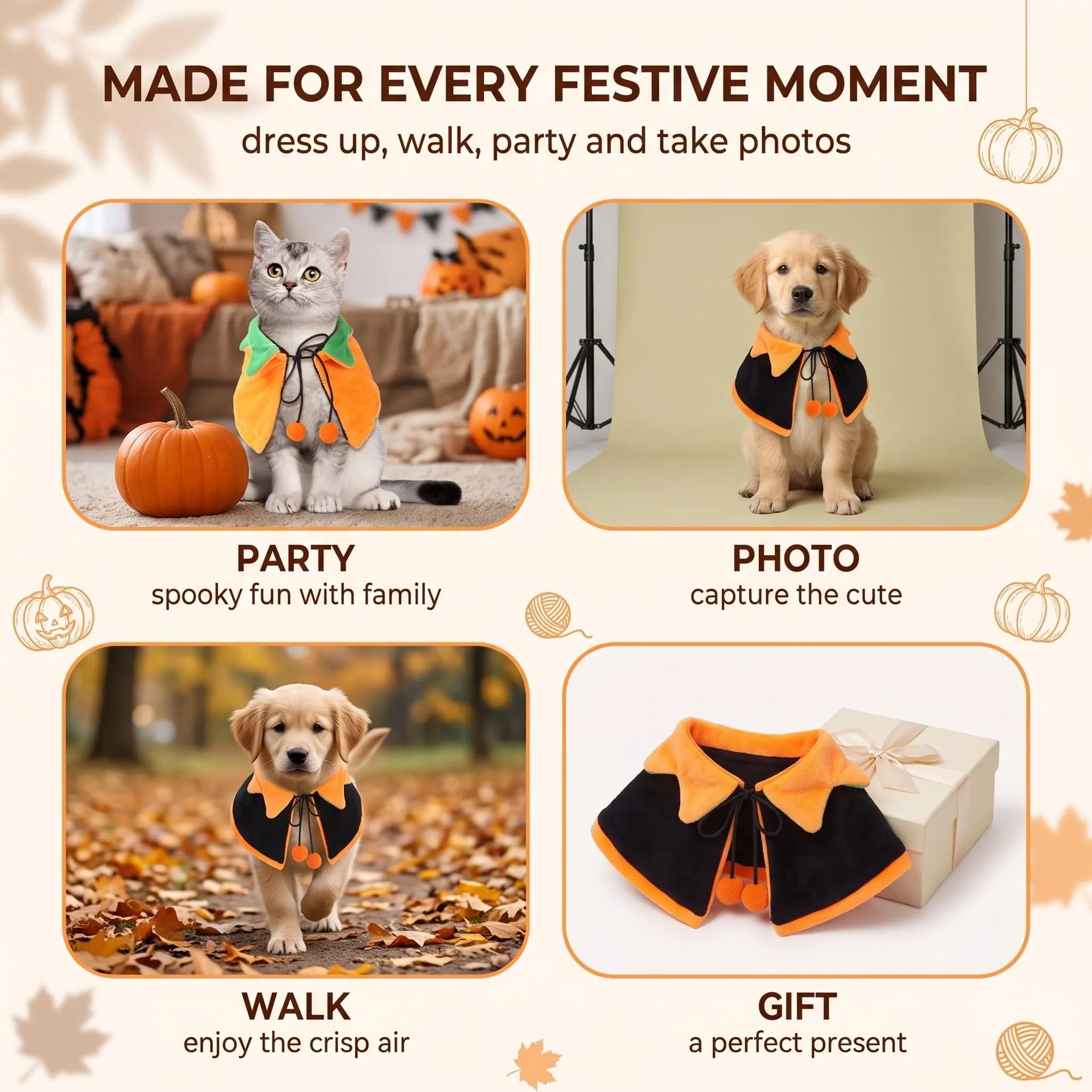 IMLDUY Mantello Zucca di Halloween per cani e gatti piccoli e medi, costume in peluche per feste e servizi fotografici - immagine 8