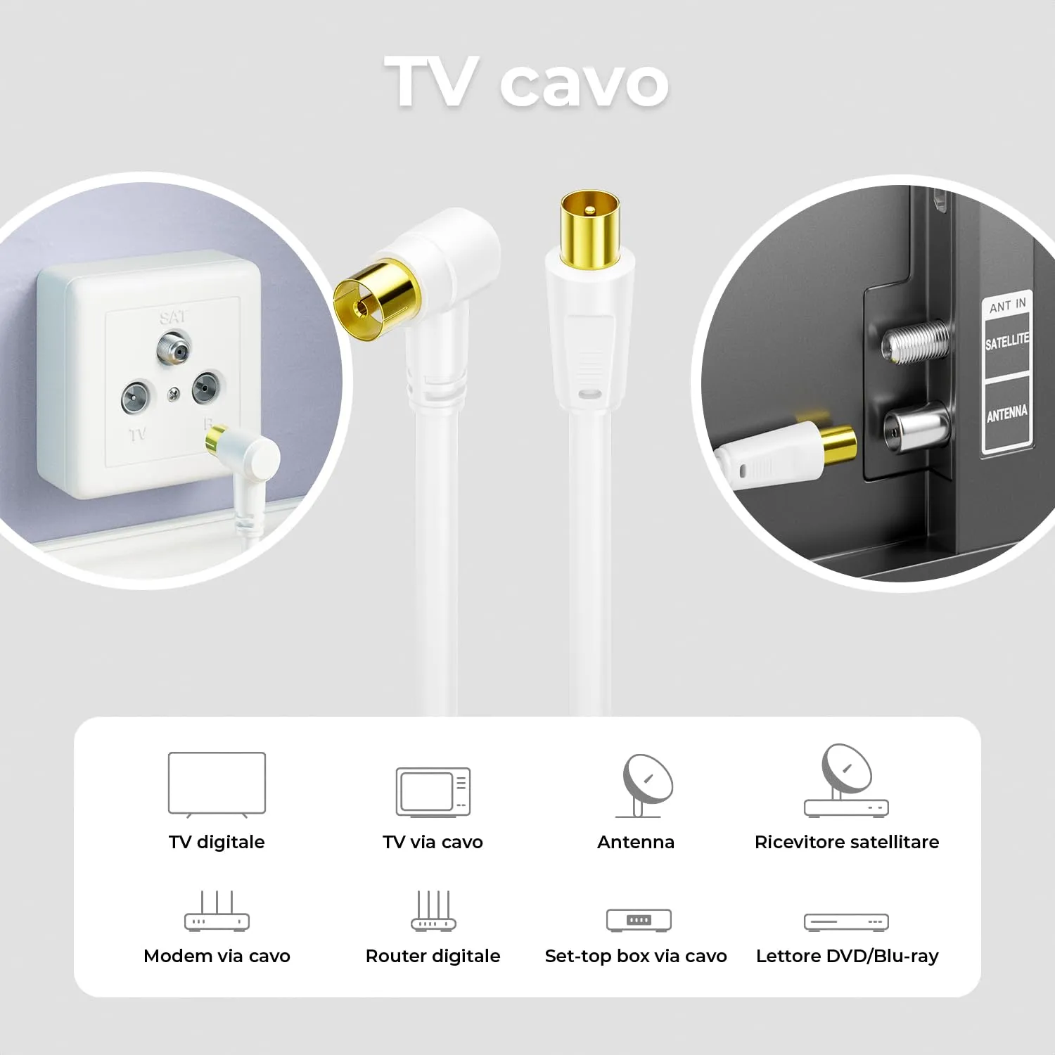 deleyCON 3,0m Cavo Antenna TV Angolato - Cavo Coassiale IEC HDTV 4K, Bianco - immagine 5