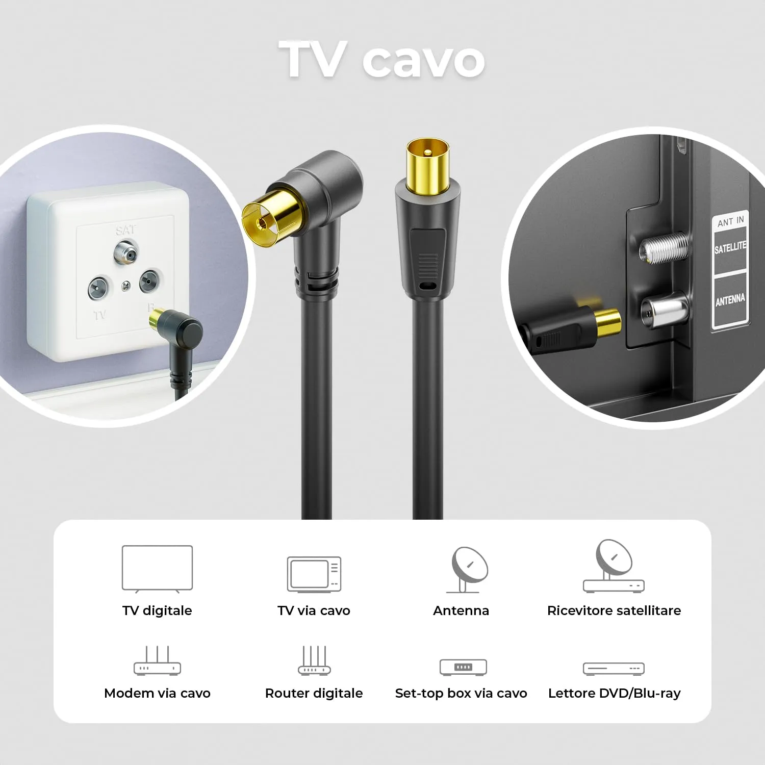 deleyCON 7,5m Cavo Antenna TV Angolato - Cavo Coassiale IEC HDTV 4K - Nero - immagine 5