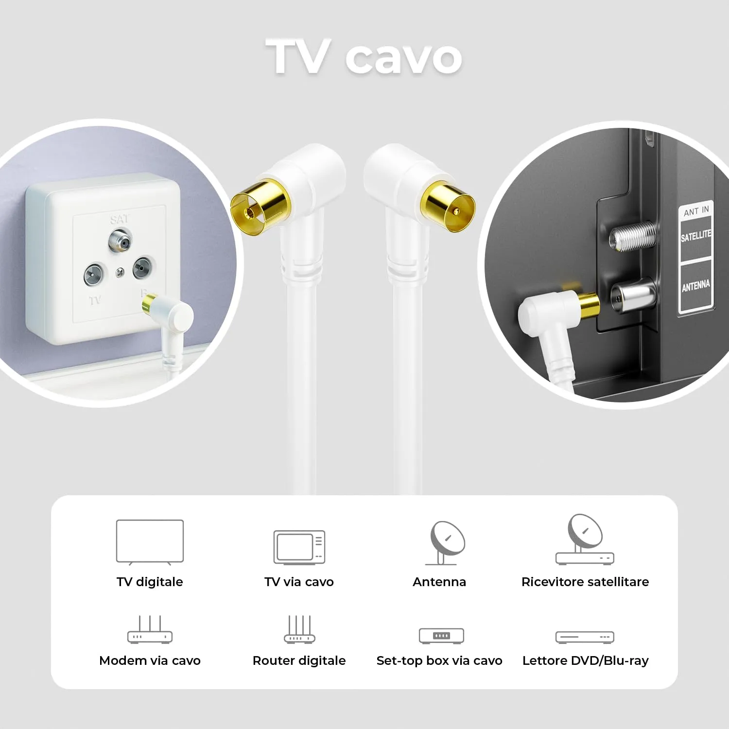 deleyCON 10m Cavo Antenna TV 2x Angolato - Coassiale IEC HDTV 4K - Bianco - immagine 5