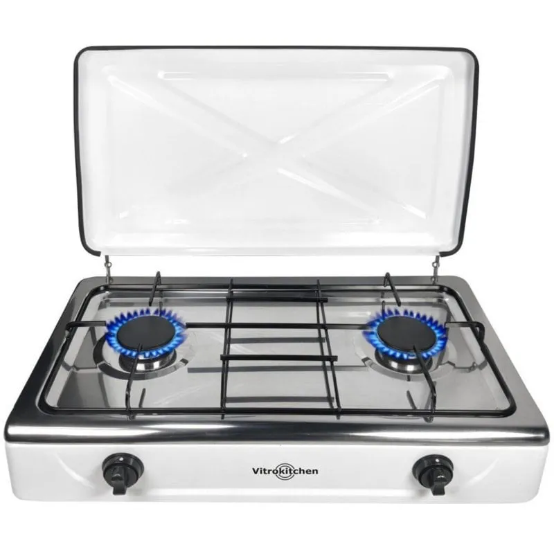 Fornello a gas Vitrokitchen 202BB 2 fuochi butano bianco nero copertura inox - immagine 1