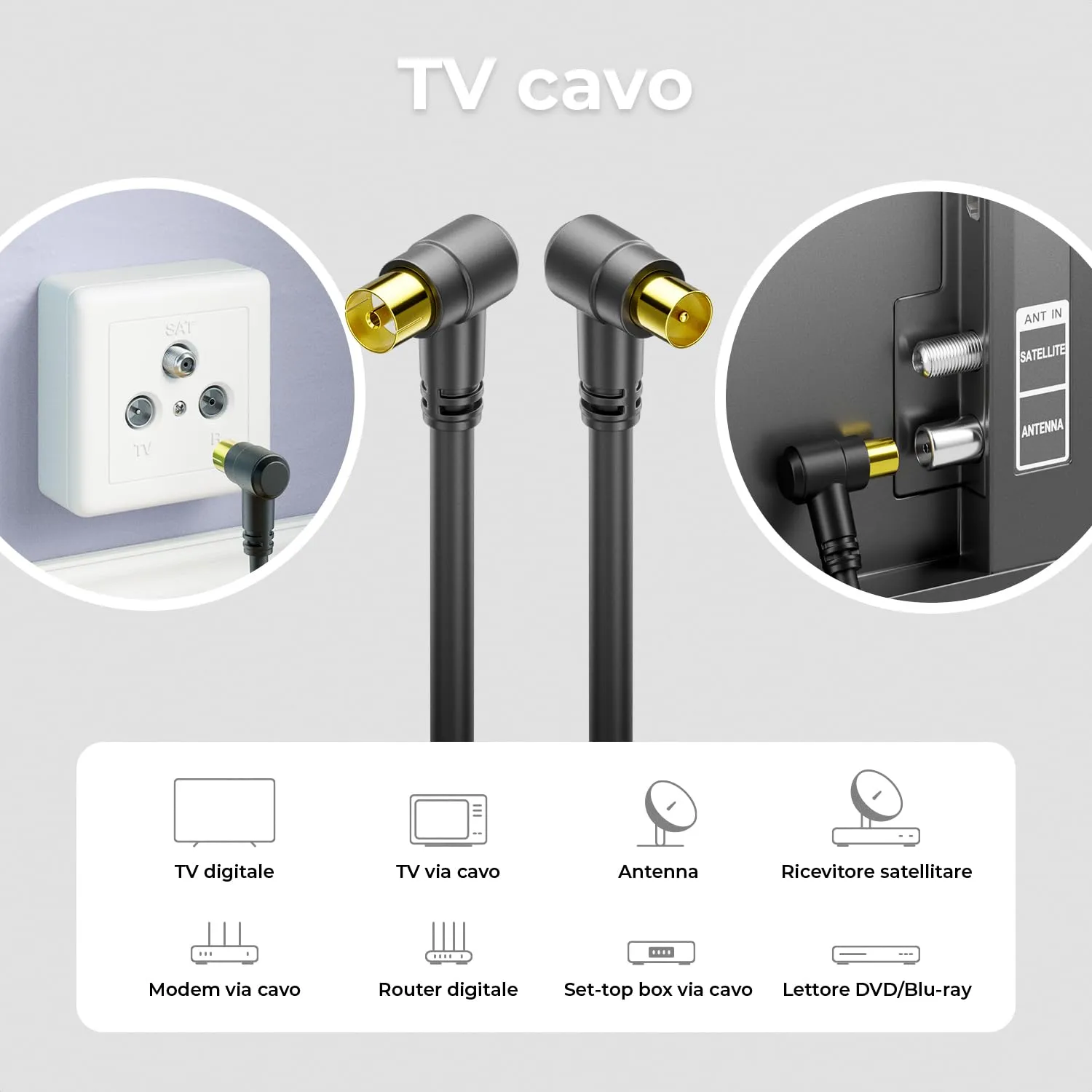 deleyCON 7,5m Cavo Antenna TV 2x Angolato - Coassiale IEC HDTV 4K - Nero - immagine 5