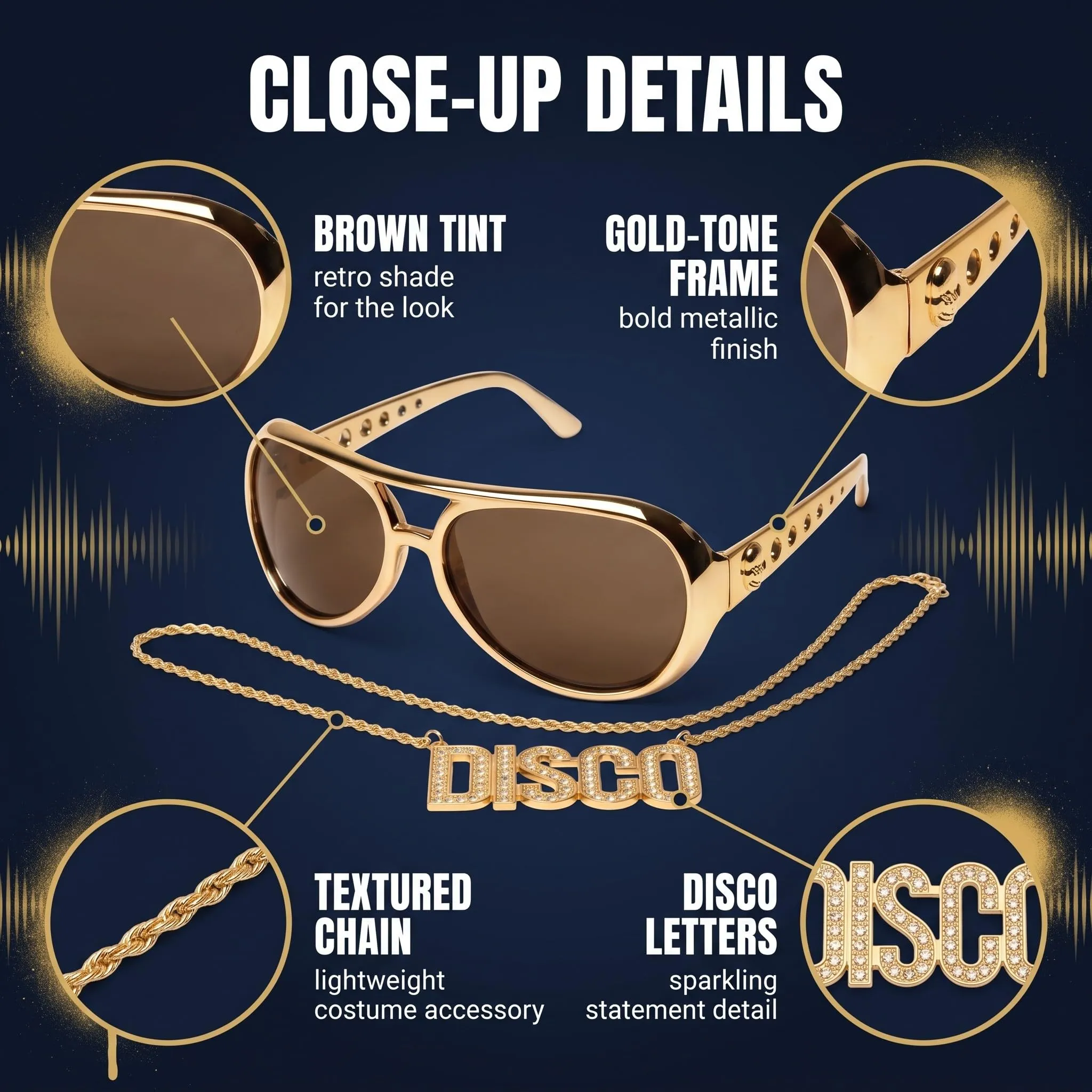 IMLDUY Set Rapper Hip Hop 2 Pezzi con Collana Disco Oro e Occhiali, Accessori Anni 80 90 per Travestimento Carnevale, Cosplay e Feste a Tema, Collana Dorata e Occhiali da Sole Vintage - immagine 2