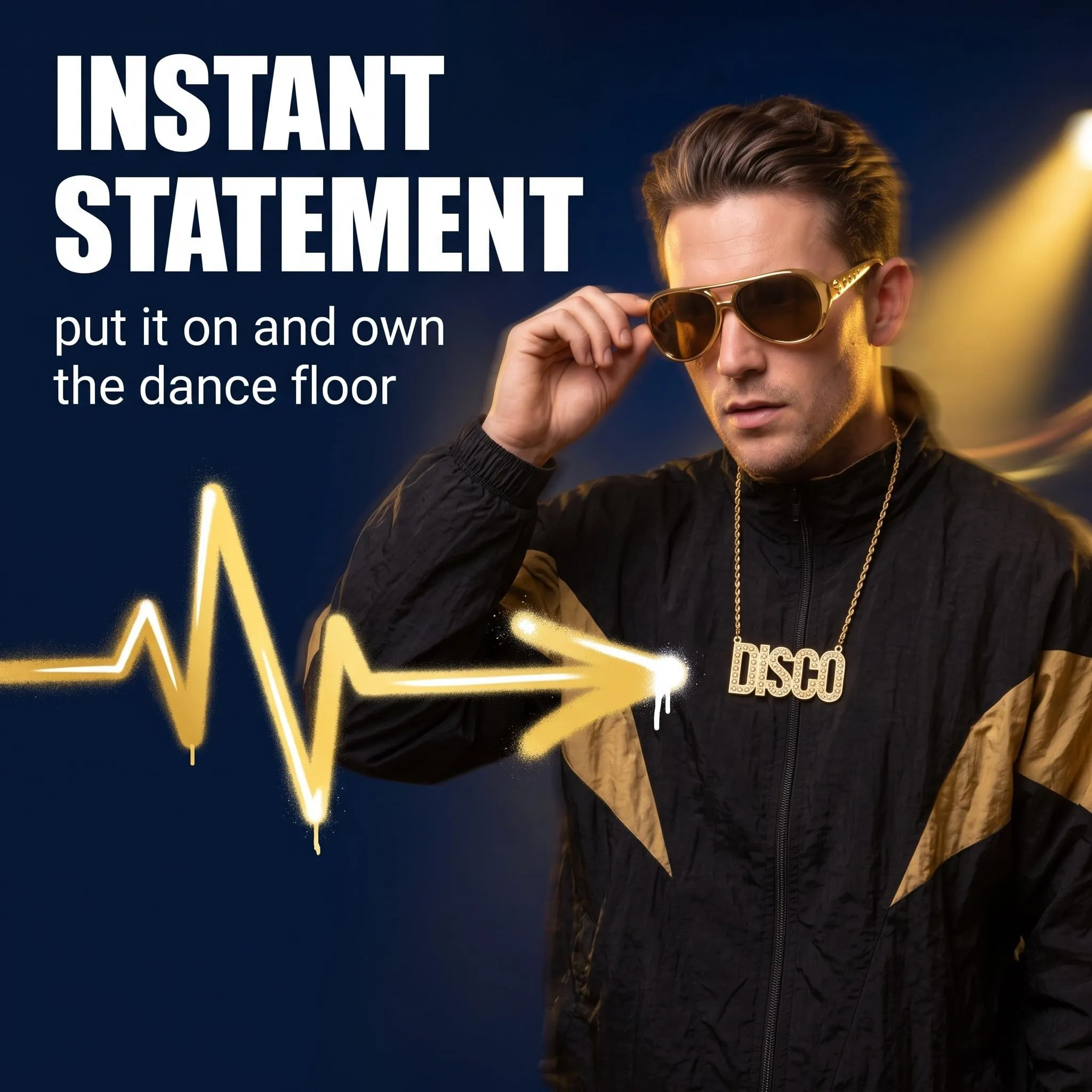 IMLDUY Set Rapper Hip Hop 2 Pezzi con Collana Disco Oro e Occhiali, Accessori Anni 80 90 per Travestimento Carnevale, Cosplay e Feste a Tema, Collana Dorata e Occhiali da Sole Vintage - immagine 3