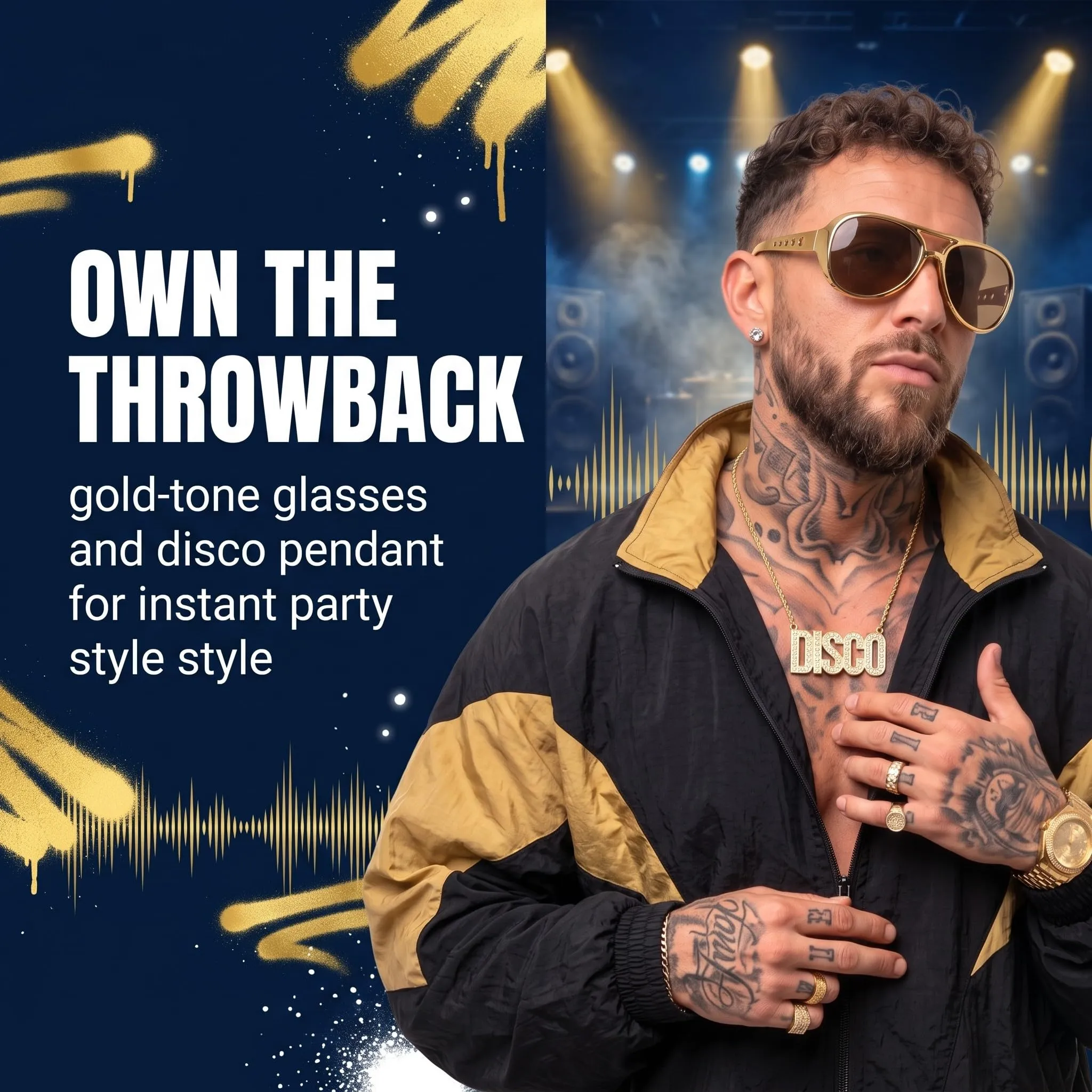 IMLDUY Set Rapper Hip Hop 2 Pezzi con Collana Disco Oro e Occhiali, Accessori Anni 80 90 per Travestimento Carnevale, Cosplay e Feste a Tema, Collana Dorata e Occhiali da Sole Vintage - immagine 4