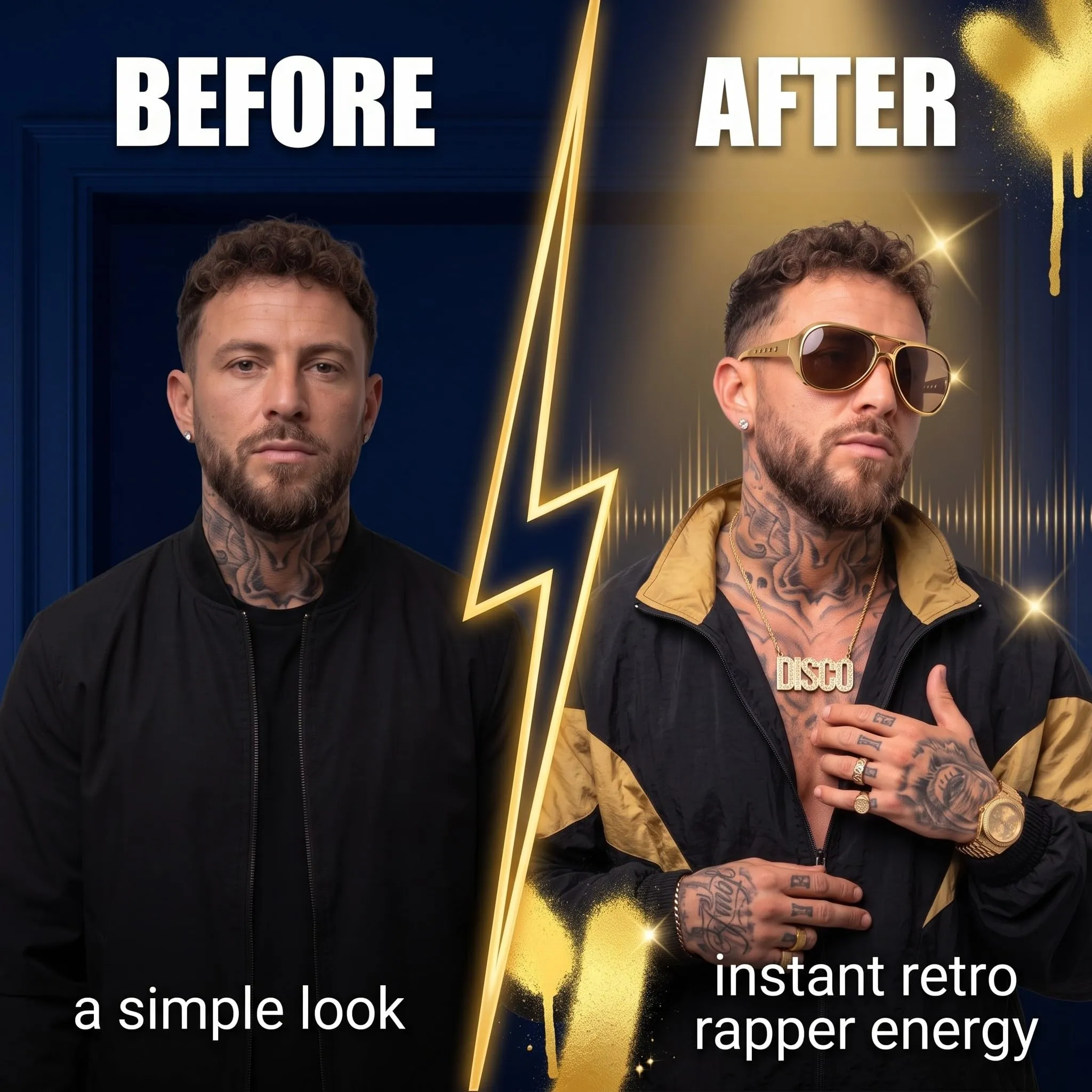 IMLDUY Set Rapper Hip Hop 2 Pezzi con Collana Disco Oro e Occhiali, Accessori Anni 80 90 per Travestimento Carnevale, Cosplay e Feste a Tema, Collana Dorata e Occhiali da Sole Vintage - immagine 6