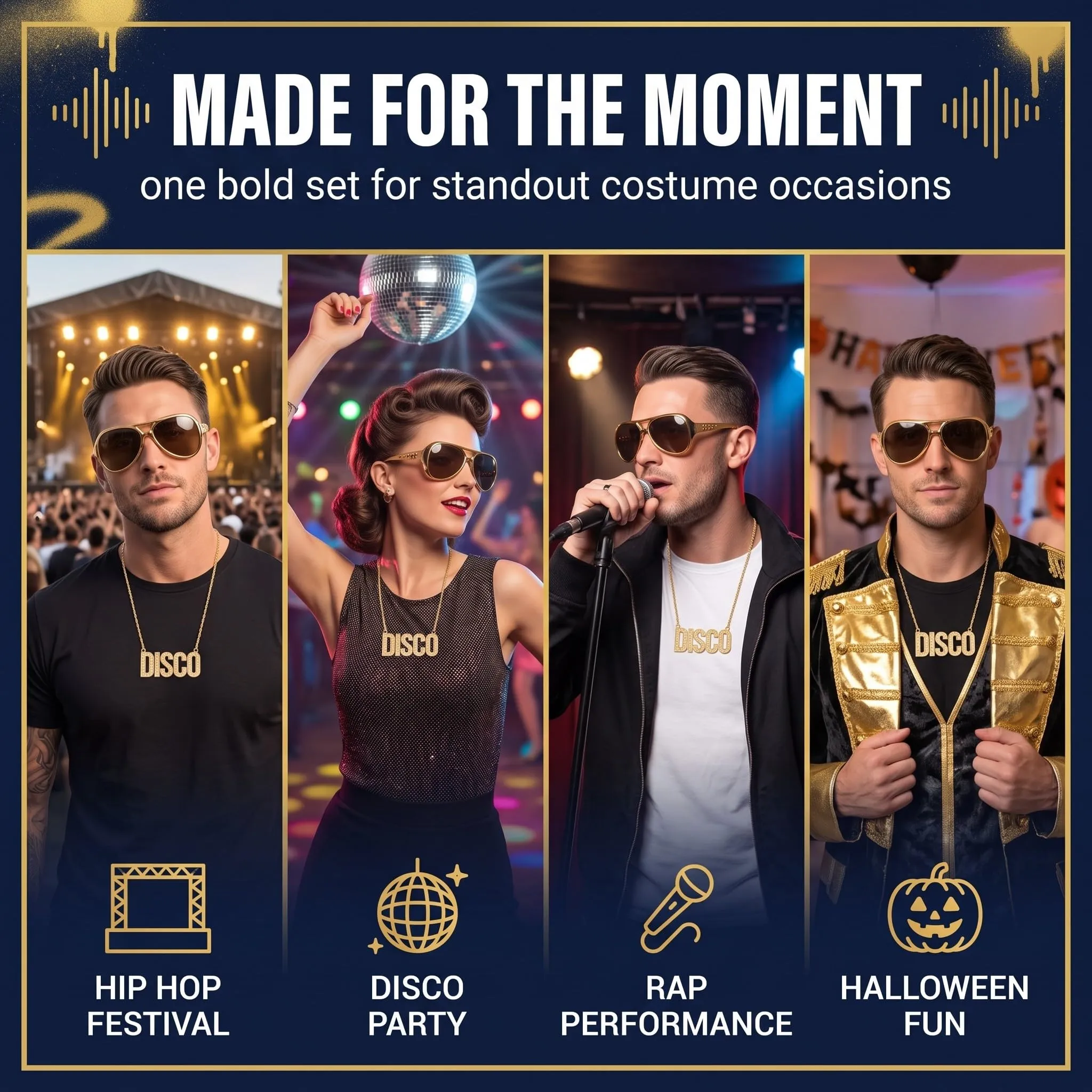 IMLDUY Set Rapper Hip Hop 2 Pezzi con Collana Disco Oro e Occhiali, Accessori Anni 80 90 per Travestimento Carnevale, Cosplay e Feste a Tema, Collana Dorata e Occhiali da Sole Vintage - immagine 7