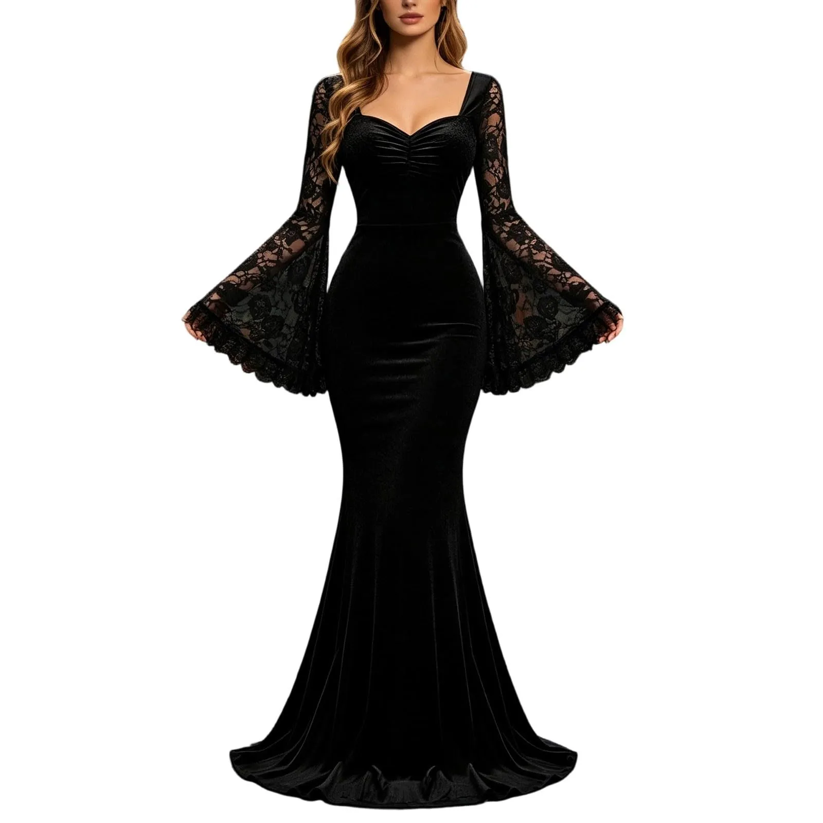 Bauzuoyo Costume da strega da donna in velluto e pizzo, nero, sexy, per feste, Halloween, bodycon, gotico, con maniche a tromba, elegante abito da sera, abito da cocktail, Nero 1, XL - immagine 1