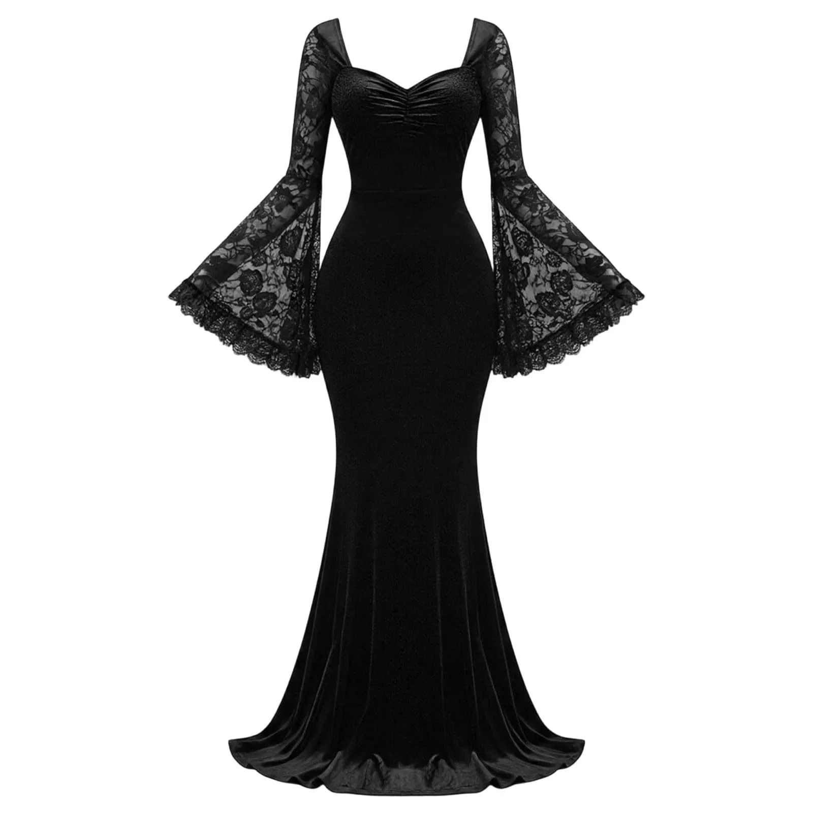 Bauzuoyo Costume da strega da donna in velluto e pizzo, nero, sexy, per feste, Halloween, bodycon, gotico, con maniche a tromba, elegante abito da sera, abito da cocktail, Nero 1, XL - immagine 5