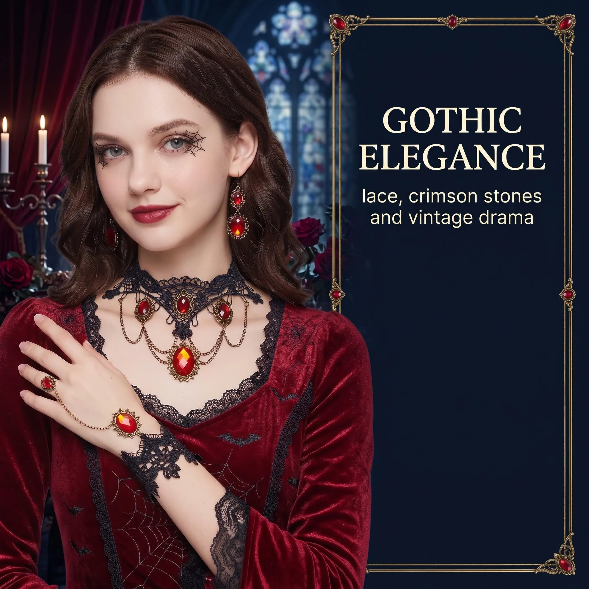 IMLDUY Set Gioielli Gotici 3 Pezzi, Collana Choker in Pizzo Nero con Rubino, Bracciale, Orecchini, Accessori per Halloween, Cosplay, Steampunk e Feste a Tema - immagine 3