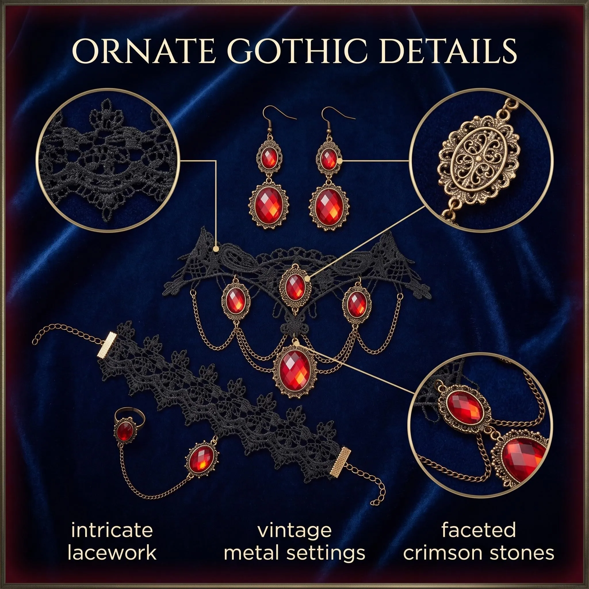 IMLDUY Set Gioielli Gotici 3 Pezzi, Collana Choker in Pizzo Nero con Rubino, Bracciale, Orecchini, Accessori per Halloween, Cosplay, Steampunk e Feste a Tema - immagine 5