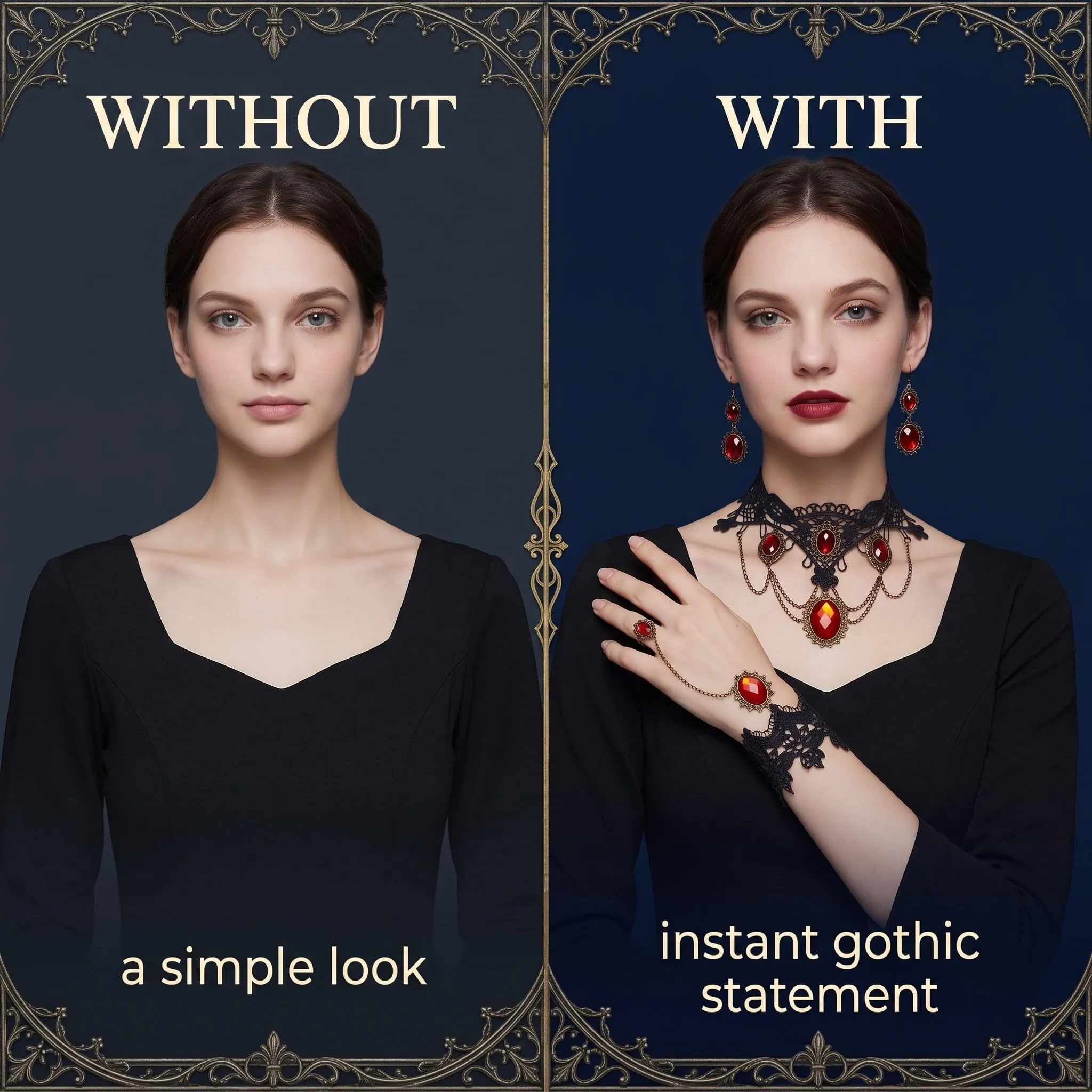 IMLDUY Set Gioielli Gotici 3 Pezzi, Collana Choker in Pizzo Nero con Rubino, Bracciale, Orecchini, Accessori per Halloween, Cosplay, Steampunk e Feste a Tema - immagine 6