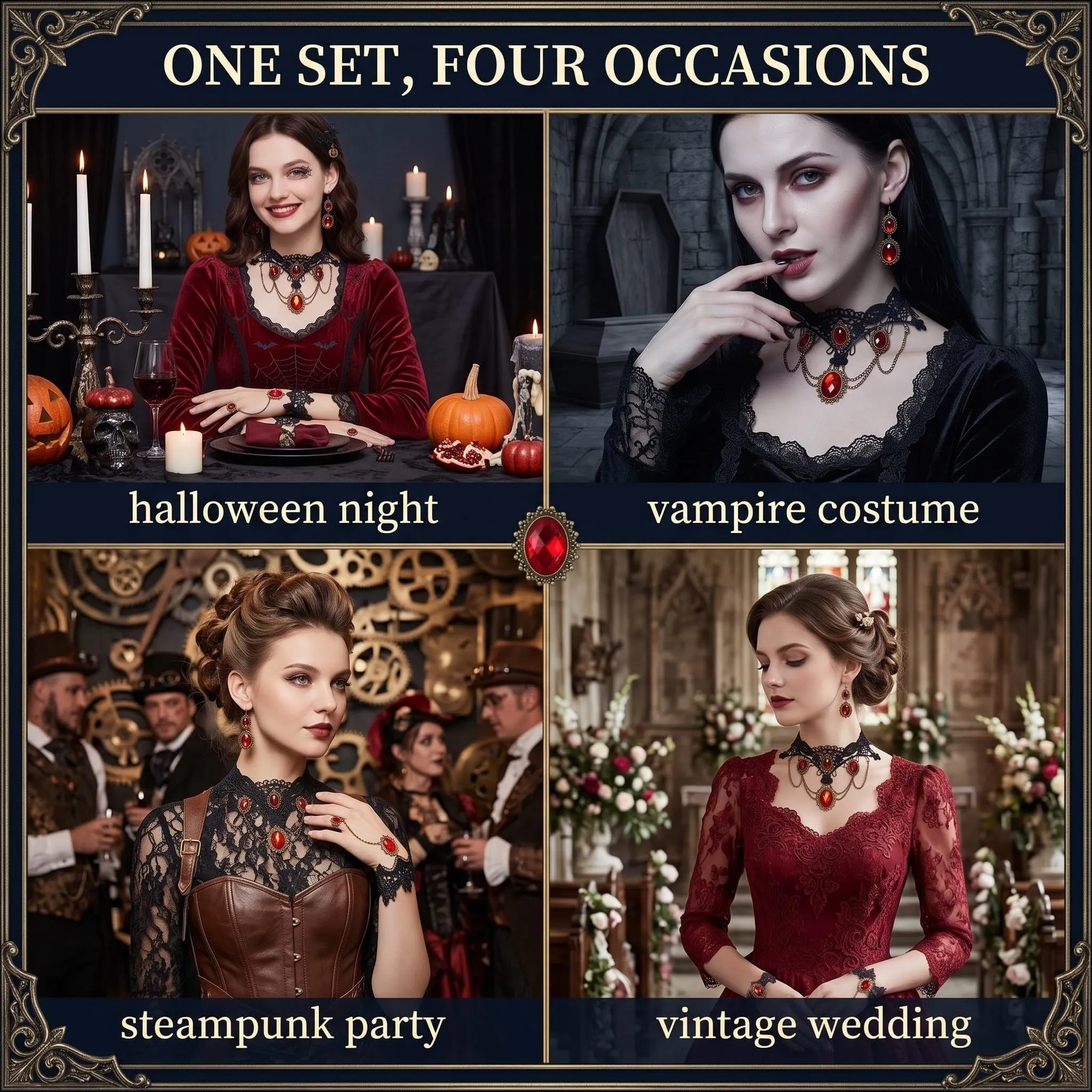 IMLDUY Set Gioielli Gotici 3 Pezzi, Collana Choker in Pizzo Nero con Rubino, Bracciale, Orecchini, Accessori per Halloween, Cosplay, Steampunk e Feste a Tema - immagine 7