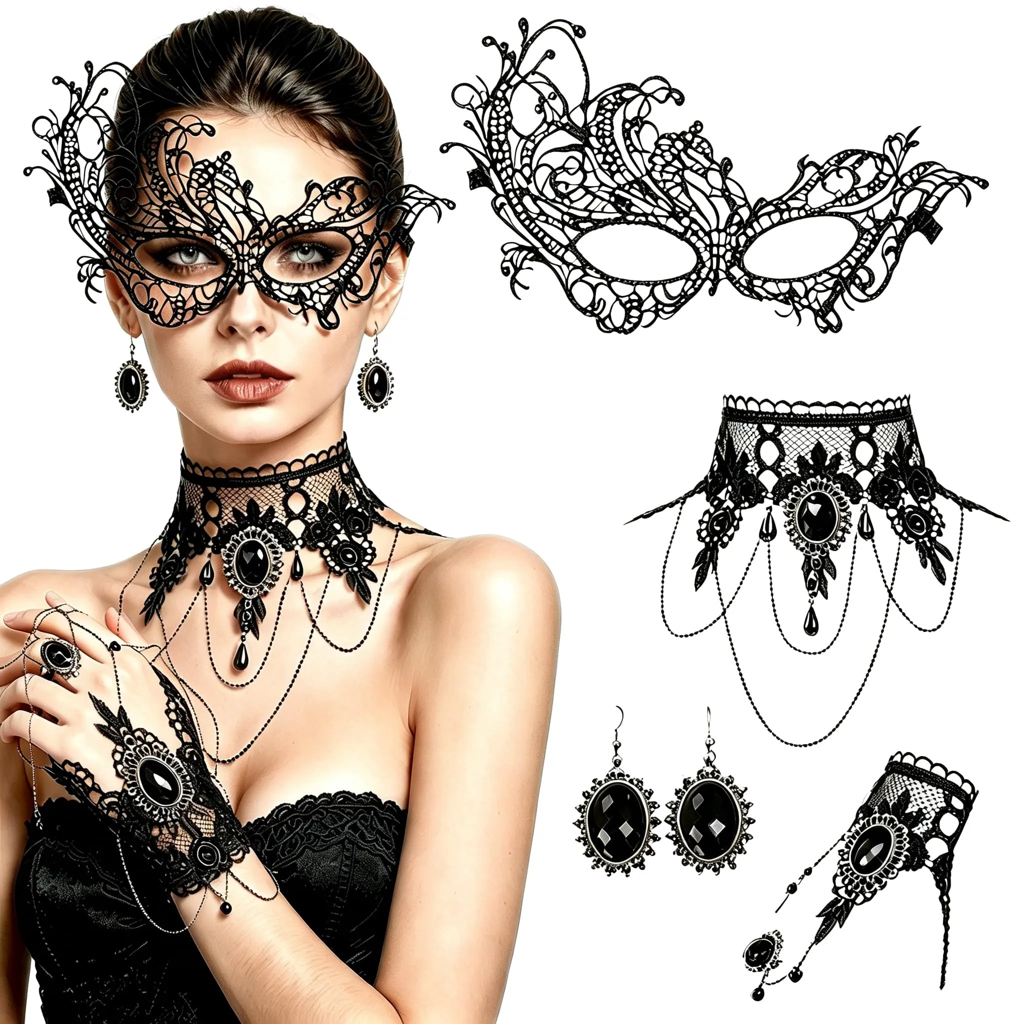 IMLDUY Choker Donna Gotico Set da 4 Pezzi, Collana in Pizzo Nero con Bracciale, Orecchini e Maschera, Accessori Halloween e Carnevale per Donna e Ragazza, Stile Vampiro e Vintage - immagine 1