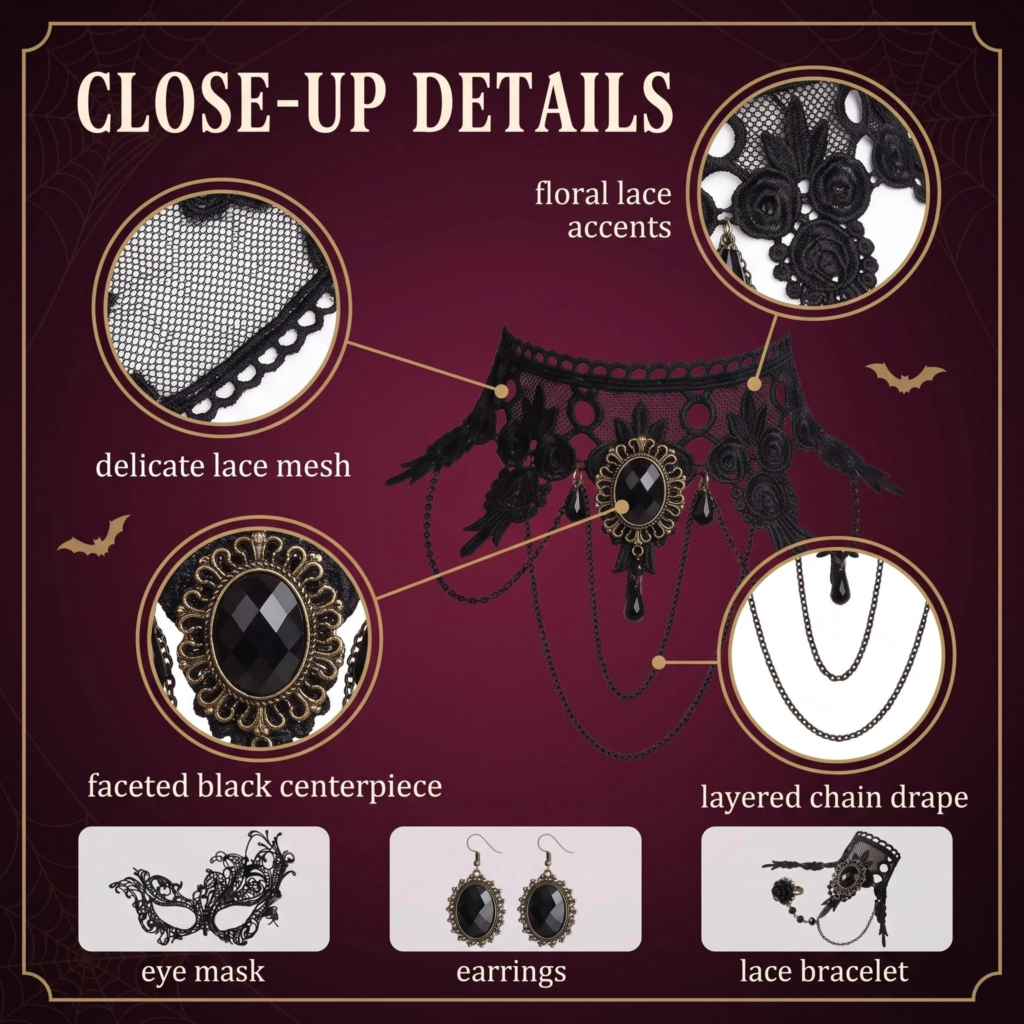 IMLDUY Choker Donna Gotico Set da 4 Pezzi, Collana in Pizzo Nero con Bracciale, Orecchini e Maschera, Accessori Halloween e Carnevale per Donna e Ragazza, Stile Vampiro e Vintage - immagine 2