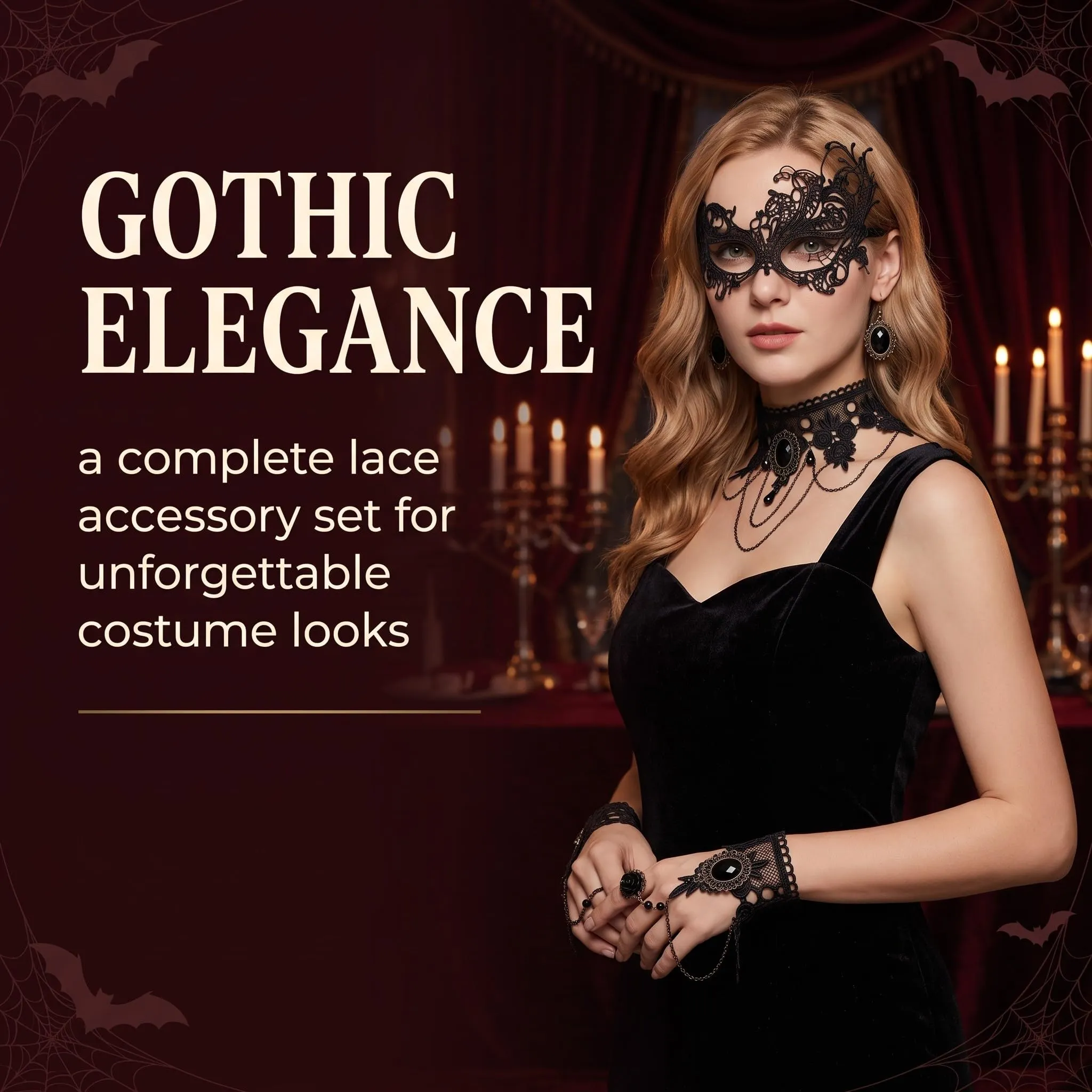 IMLDUY Choker Donna Gotico Set da 4 Pezzi, Collana in Pizzo Nero con Bracciale, Orecchini e Maschera, Accessori Halloween e Carnevale per Donna e Ragazza, Stile Vampiro e Vintage - immagine 4
