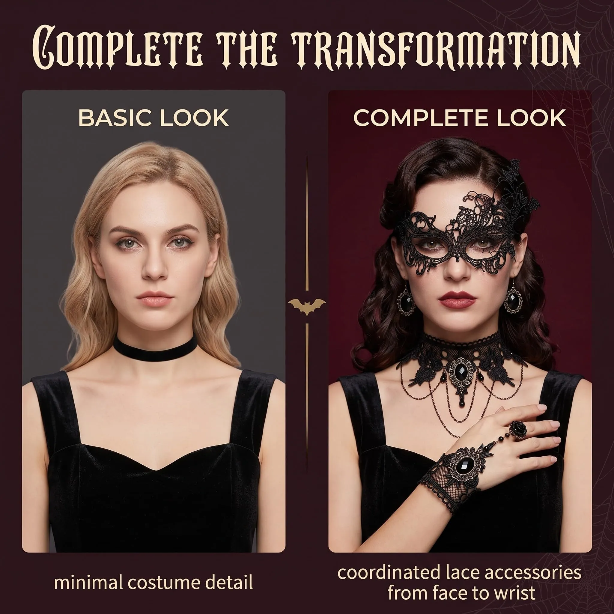 IMLDUY Choker Donna Gotico Set da 4 Pezzi, Collana in Pizzo Nero con Bracciale, Orecchini e Maschera, Accessori Halloween e Carnevale per Donna e Ragazza, Stile Vampiro e Vintage - immagine 6