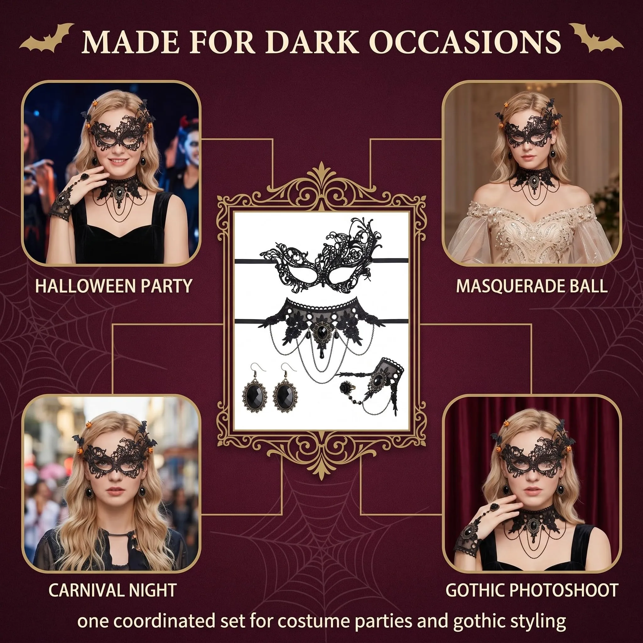 IMLDUY Choker Donna Gotico Set da 4 Pezzi, Collana in Pizzo Nero con Bracciale, Orecchini e Maschera, Accessori Halloween e Carnevale per Donna e Ragazza, Stile Vampiro e Vintage - immagine 7