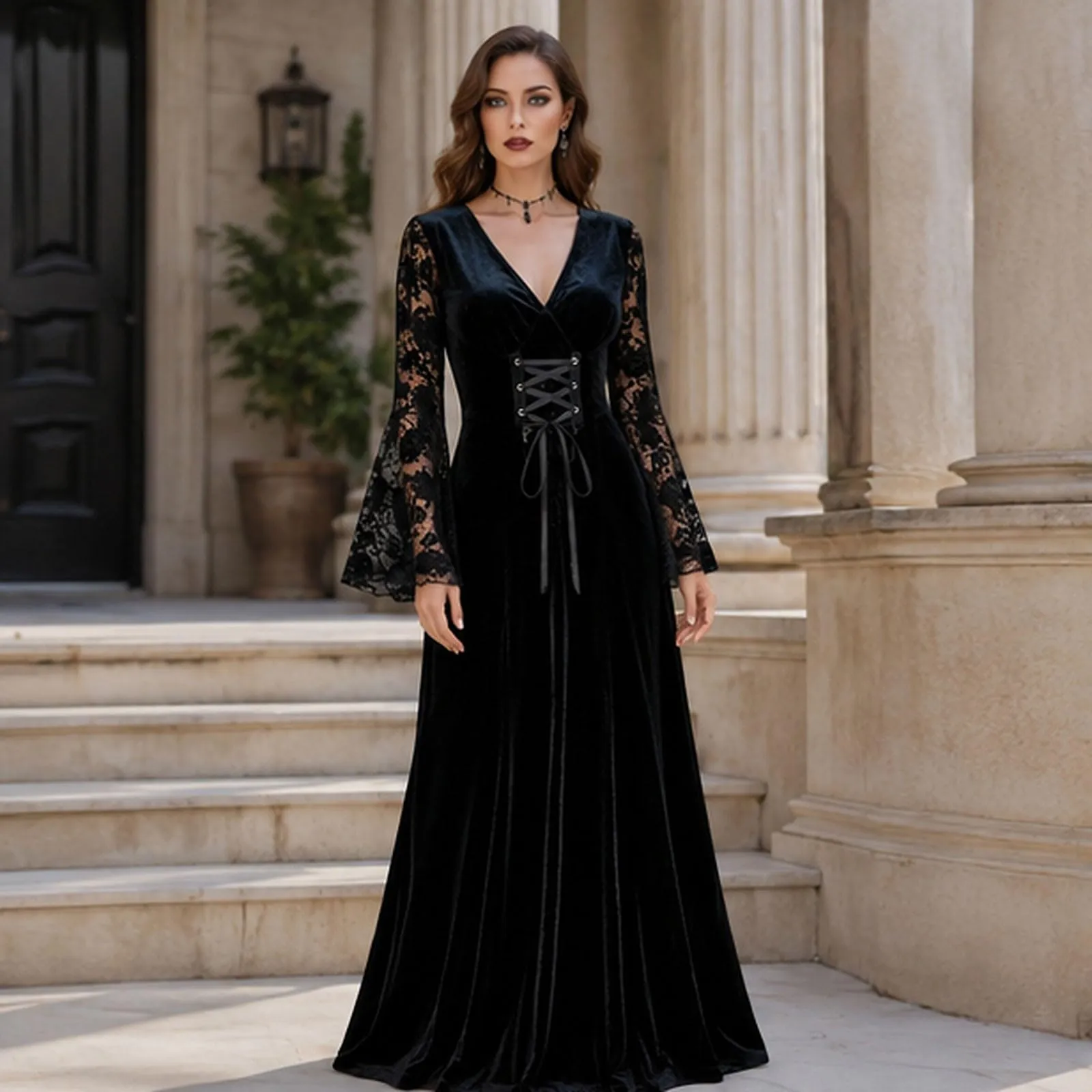 Bauzuoyo Costume da strega da donna in velluto e pizzo, nero, sexy, per feste, Halloween, bodycon, gotico, con maniche a tromba, elegante abito da sera, abito da cocktail, Nero, L - immagine 2