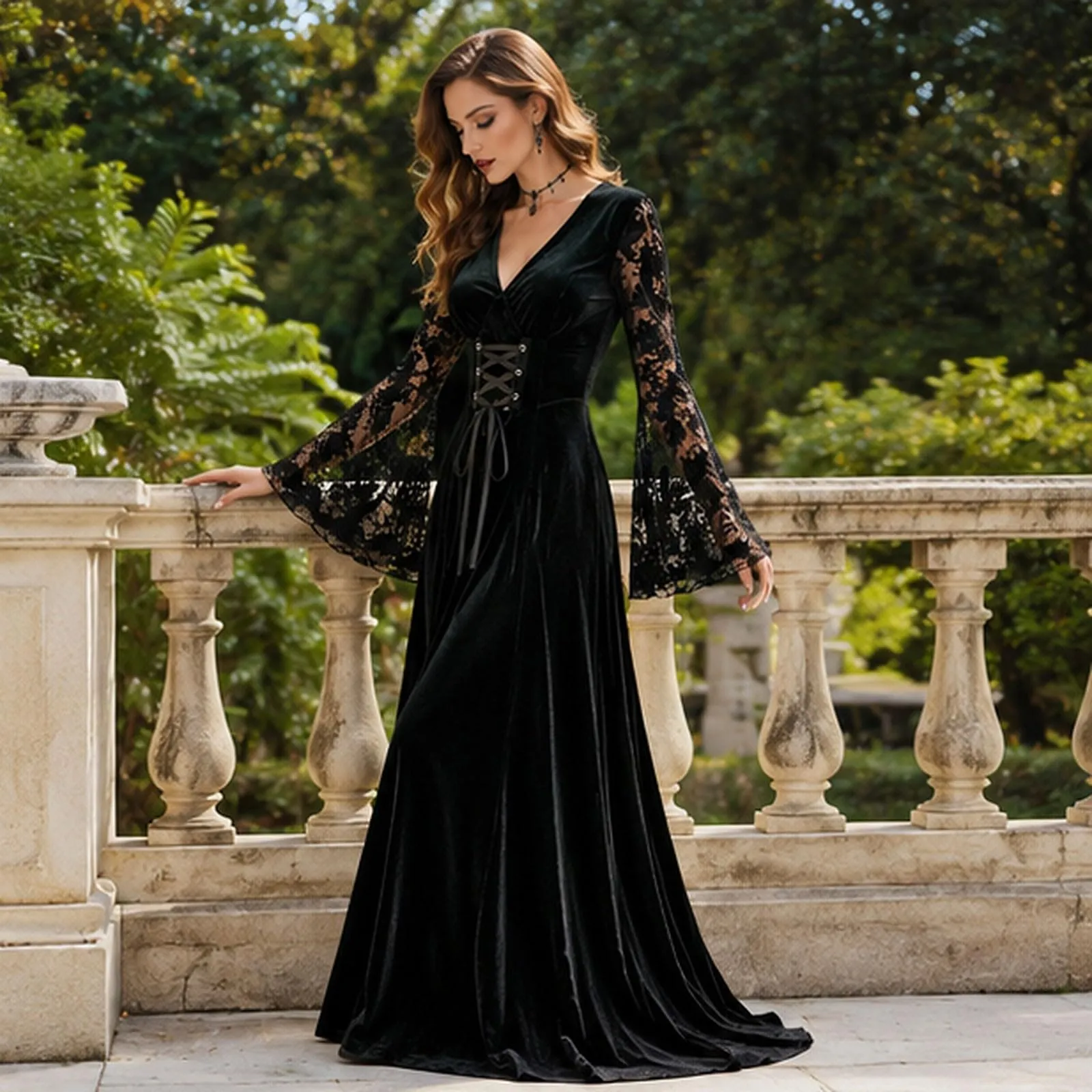 Bauzuoyo Costume da strega da donna in velluto e pizzo, nero, sexy, per feste, Halloween, bodycon, gotico, con maniche a tromba, elegante abito da sera, abito da cocktail, Nero, L - immagine 3